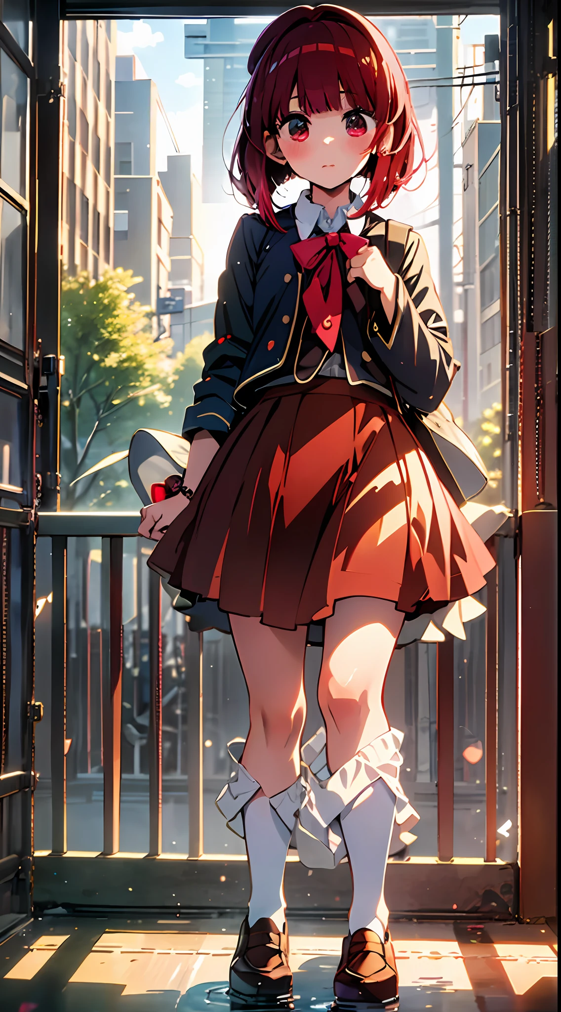 main girl is beautiful and cute, "neat and bright uniform coordination", fashion model posing, full body, full body illustration, best illustration, elementary school student, realistic and elaborate uniform, high school uniform, ((highest quality)), ((masterpiece)), (detail: 1.4), anatomical, award-winning concept art, beautiful, fine details, portrait, look viewer, (full body view)), 1 girl, Full body, Solo, 6 years old, Elementary school student, Child actor, Red hair, Red hair, Big eyes, Dark brown blazer, Maroon sweater, Long checked long skirt, Dark green and maroon skirt, Black high so, orange large ribbon, White blouse, Underwear, Panties, Skirt, White panties, Wet, Shirt, Wet clothes, Skirt lift, Blush, Classroom, navel,lift below chest, clothing lift, easy background, lifting clothes, uniform, Japan cute uniform, blazer, look away, short sleeve, loli, skinny, elementary, loli, baby face, cute, young appearance, fantastic visual depiction, professional effect, beautiful girl, petite girl, sweaty transparent clothes, uneven, absurdity, heel-up loafers, red hair, red eyes, The main girl is beautiful and cute
