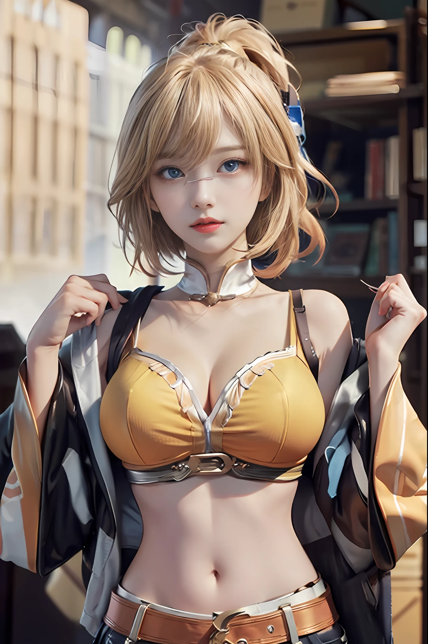(Masterpiece, Best Quality, Big Breasts, Realism, Real, Photo: 1.4), Ji Xiaoman, Blonde, (Ulzzang-6500-V1.1:0.7), Very cute face, blue eyes, upper body, Big breasts, Real, photo