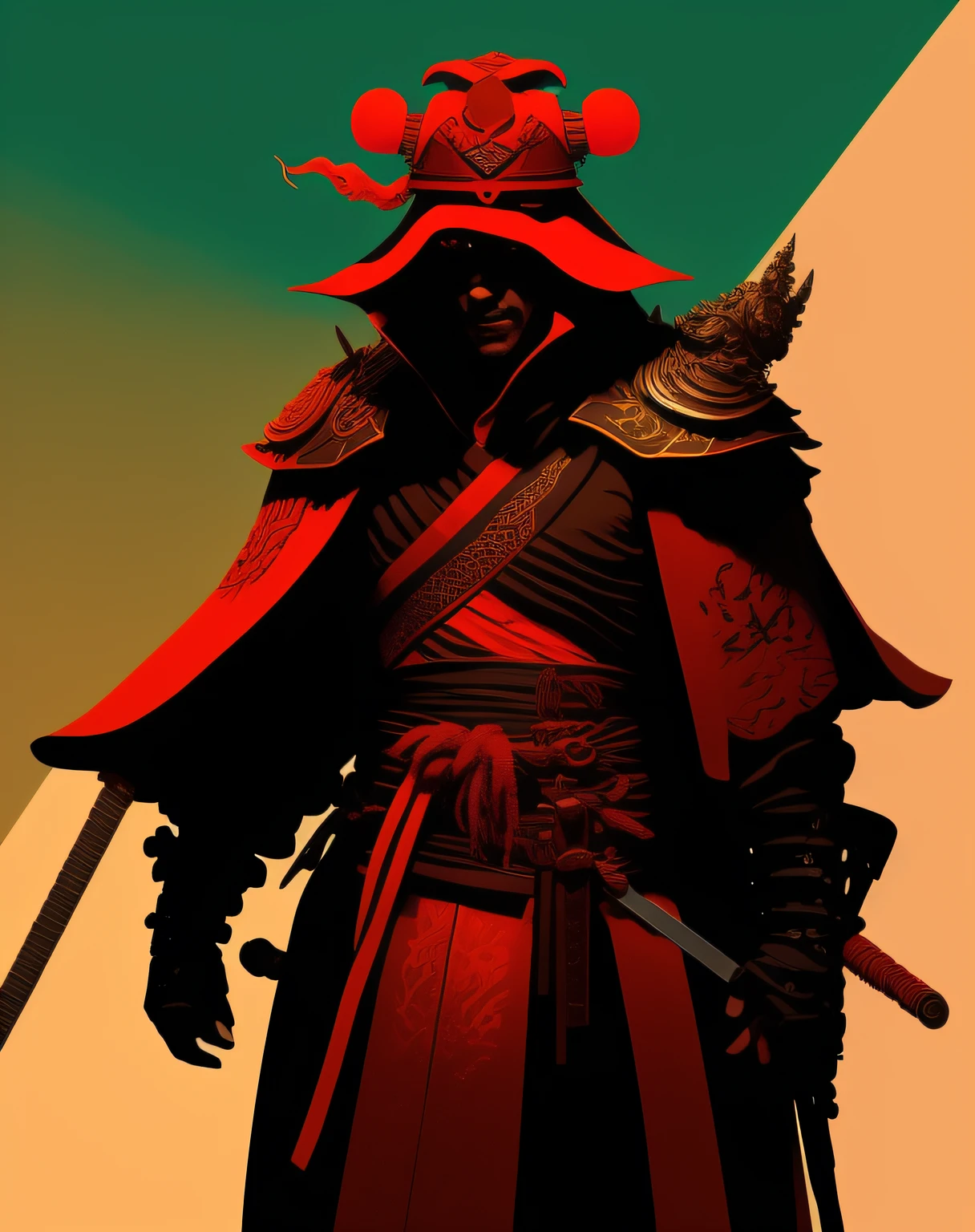 There is a man with a sword and a hat, Benedick Bana, Samurai, Great character design, ninja cyberpunk, samurai neon, No estilo de Sachin Teng, demon samurai warrior, estilo samurai, Design de personagem interessante, inspired by Kanō Hōgai, Cthulhu Samurai, arte estilizada muito coerente, Sachin Teng, homem samurai