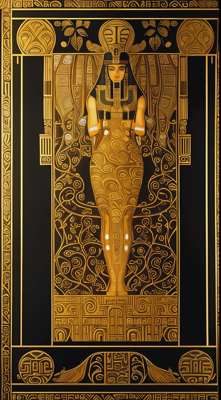 {A vibrant reimagining of an ancient Egyptian papyrus scroll. The centerpiece is a stylized crocodile in the role of a guard or protector. It is surrounded by symbolic hieroglyphics and ornate decorative patterns.}, Art Nouveau, Inspired by Alphonse Mucha and Gustav Klimt (Klimt:1.2), Fish-eye, Overhead, {Lighting: Studio lighting with a focus on warm, golden hues. Render: Cinematic, high resolution, detailed, HDR.}