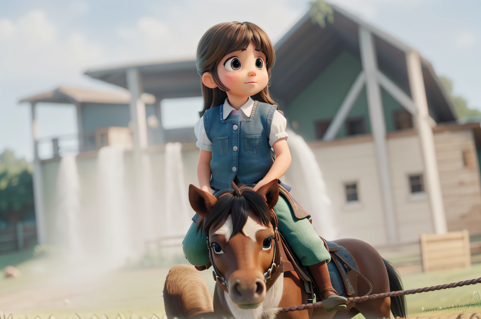A little girl about 5 years old，girl riding，ultra realistic lighting，Ultra-realistic skin texture，Ultra-realistic natural light，Defocused，Mini horses，light particules，Fluttering hair，Ultra-realistic mane，Ultra-realistic grass，Super realistic grass，Warm sunny tones，exteriors，great outdoors，green color，Perfect big eyes，Ultra-real hair