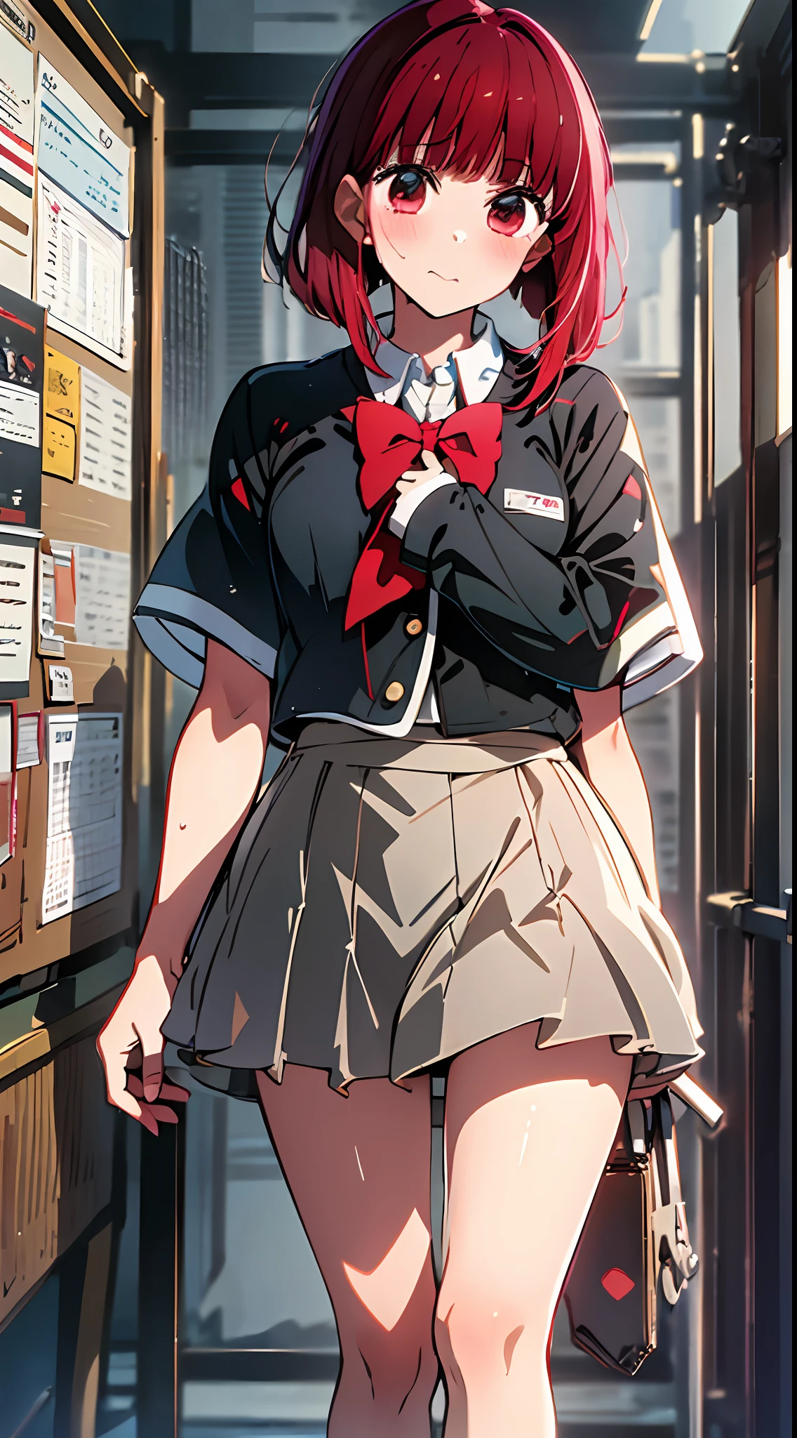 main girl is beautiful and cute, "neat and bright uniform coordination", fashion model posing, full body, full body illustration, best illustration, , realistic and elaborate uniform, high school uniform, ((highest quality)), ((masterpiece)), (detail: 1.4), anatomical, award-winning concept art, beautiful, fine details, portrait, look viewer, (full body view)), 1 girl, Full body, Solo, 6 years old, Elementary schnt, Child a Big eyes, Dark brown blazeroon sweater, Check length culotte skirt, Dark green and maroon skirt, Black high so, orange large ribbon, White blouse, Underwear, Panties, Skirt, White panties, Wet, Shirt, Wet clothes, Skirt lift, Blush, Classroom, navel,lift under chest, clothing lift, easy background, lifting clothes, uniform, Japan cute uniform, blazer, look away, short sleeve, loli, skinny, elementary, loli, baby face, cute, young appearanc fantastic vision, professnal efutiful girl, petite girl, sweaty transparent clothes, unevenness, absurdity, heel-up loafers, red had eyes, The main girl is beautiful and cute