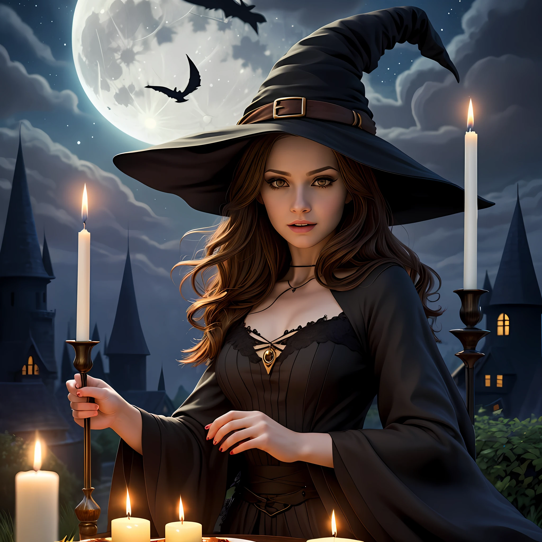 Ultra realistic, one solo witch, brown hair, brown eyes, pretty black dress, black witches hat, bossy, owl, couldron, candles, beautiful but scary, full moon, outside, witches couldron, owl familiar, witchy