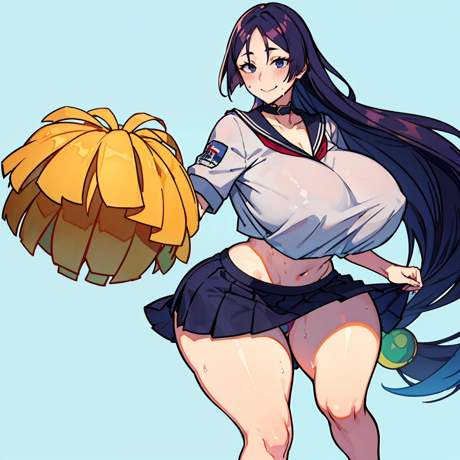 maternal smile, blushing, Pompones, uniform, crop top, midriff skirt, miniskirt, crop top overhang, clothes lift, large, sweat, thick thighs, (huge chest 1.5), cheerleader uniform, wet clothes, semi-transparent clothing, erect nipple under clothes, high ponytail, visible underwear, micro thong, (high thong), (standing on one leg), masterpiece, best quality,  Very detailed