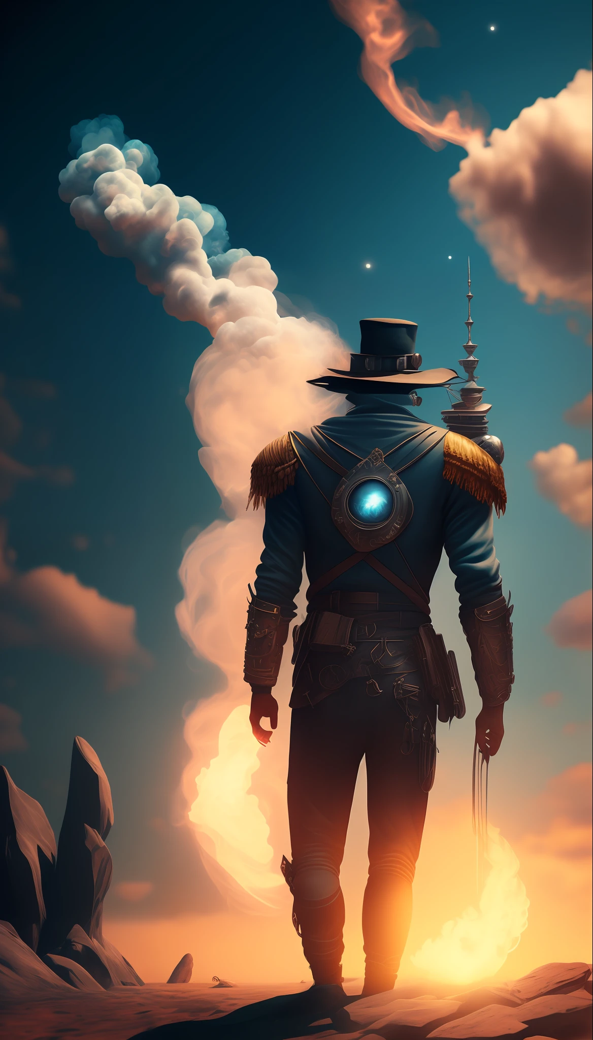 galaxias, espirais, outer space, nebulosas, estrelas, smoke billowing, iridescente, detalhes intrincados, na forma de um gorila branco steampunk, Homem De Espada Em Chamas, corpo inteiro, octane rendering, hiper realista, octane rendering, 8k, uplight, dreamlike art