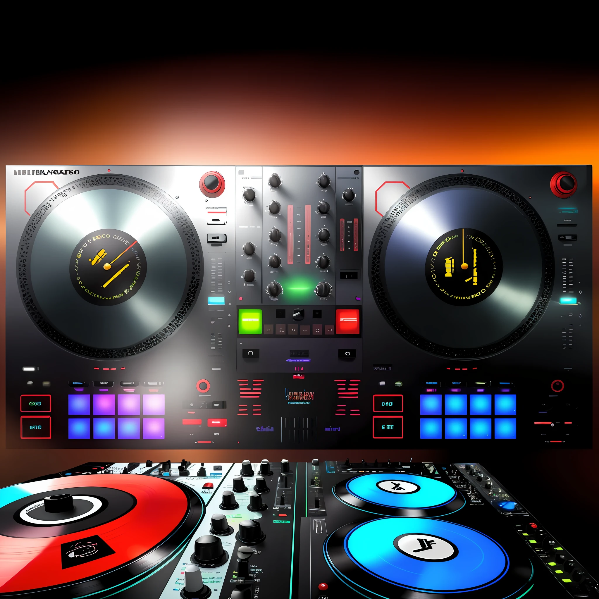 Um close up de um controlador de DJ com dois toca-discos, Mixer DJ, DJ, DJING com toca-discos DJ, turntables, Conjunto de DJ, turntablist, Turntablism DJ arranhando, audio equipments, Deck do controlador, Festa DJ Rave, tocando techno house music, Arte Digital - W 700, 🎨🖌️