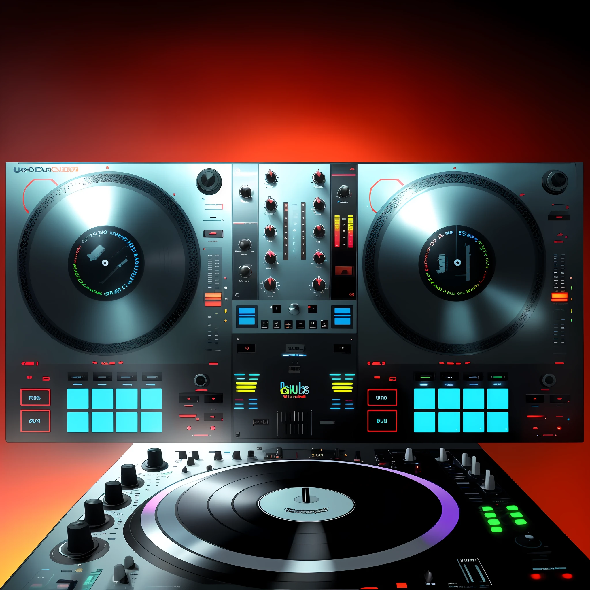 Um close up de um controlador de DJ com dois toca-discos, Mixer DJ, DJ, DJING com toca-discos DJ, turntables, Conjunto de DJ, turntablist, Turntablism DJ arranhando, audio equipments, Deck do controlador, Festa DJ Rave, tocando techno house music, Arte Digital - W 700, 🎨🖌️