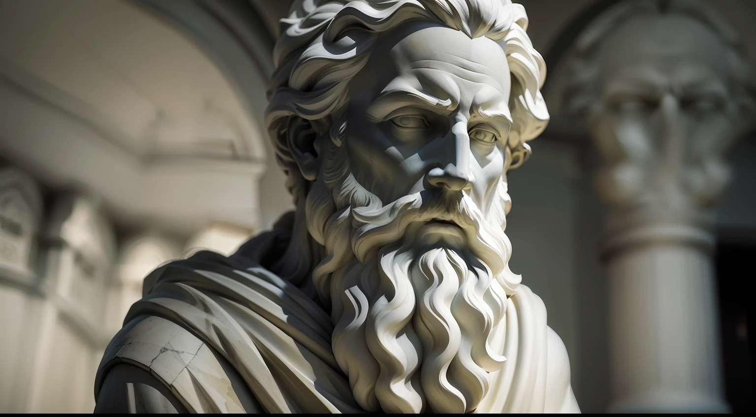 White marble statue of wise man with beard Greek philosopher style in museum. Atmosfera dark, ato contraste de u e sombra, fotografia profissional, utra realista