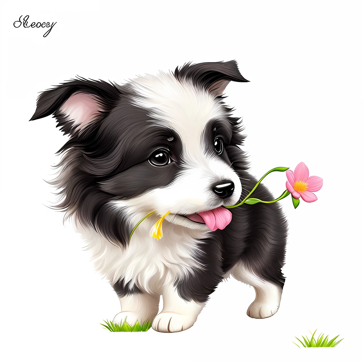 Draw a side herding dog with a flower in its mouth standing on a green grass,lovely digital painting, Cute detailed digital art, adorable digital art, Cute side herding dog, cute artwork, adorable creature, painting of cute dog, cute detailed artwork, kawaii cute dog, cute animal, cute little creature