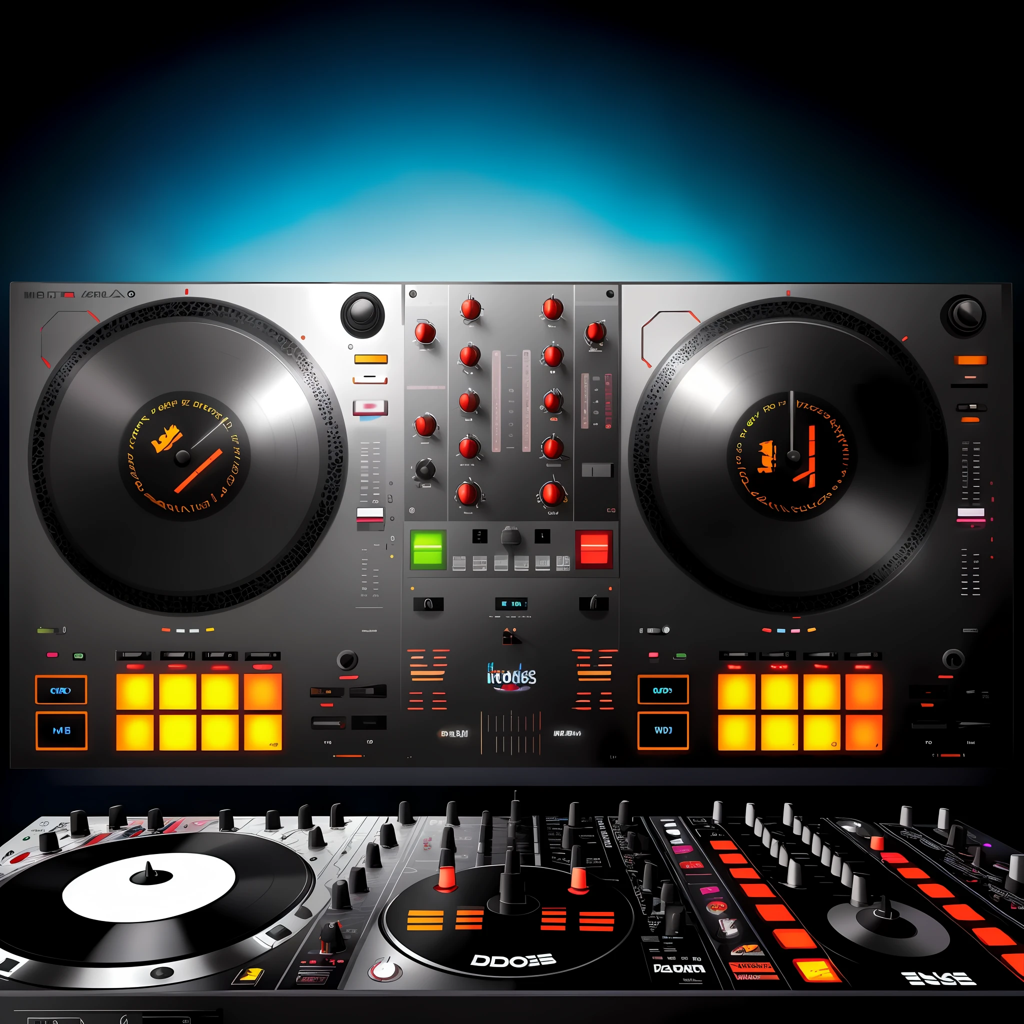 Um close up de um controlador de DJ com dois toca-discos, Mixer DJ, DJ, DJING com toca-discos DJ, turntables, Conjunto de DJ, turntablist, Turntablism DJ arranhando, audio equipments, Deck do controlador, Festa DJ Rave, tocando techno house music, Arte Digital - W 700, 🎨🖌️