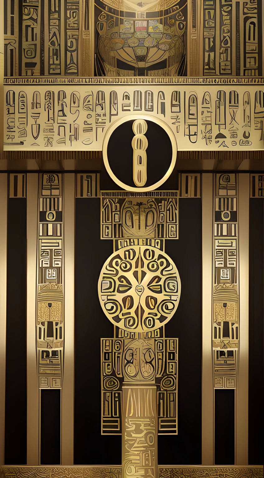 {A vibrant reimagining of an ancient Egyptian papyrus scroll. The centerpiece is a stylized crocodile in the role of a guard or protector. It is surrounded by symbolic hieroglyphics and ornate decorative patterns.}, Art Nouveau, Inspired by Alphonse Mucha and Gustav Klimt (Klimt:1.2), Fish-eye, Overhead, {Lighting: Studio lighting with a focus on warm, golden hues. Render: Cinematic, high resolution, detailed, HDR.}