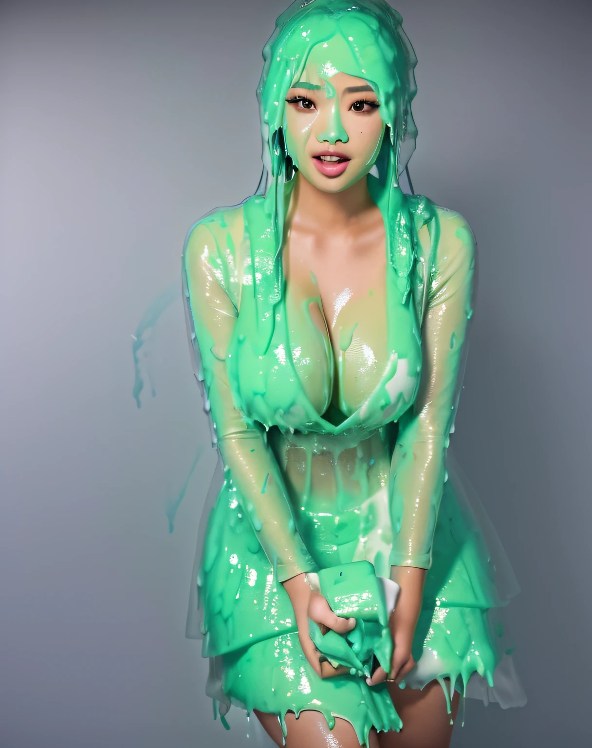 a close up of a woman in a sheered dress posing for a picture, jamie chung, pokimane, glossy magazine photoshoot, see through dress, opened dress, solo photoshoot, revealing stylish dress, magazine photoshoot, beautiful girl, revealing outfit, (thick slime dripping down head: 1.8), (thick slime dripping down body: 1.7), (thick slime splattered everywhere: 1.6), 8K, hd, hyper realistic, masterpiece, extreme detail