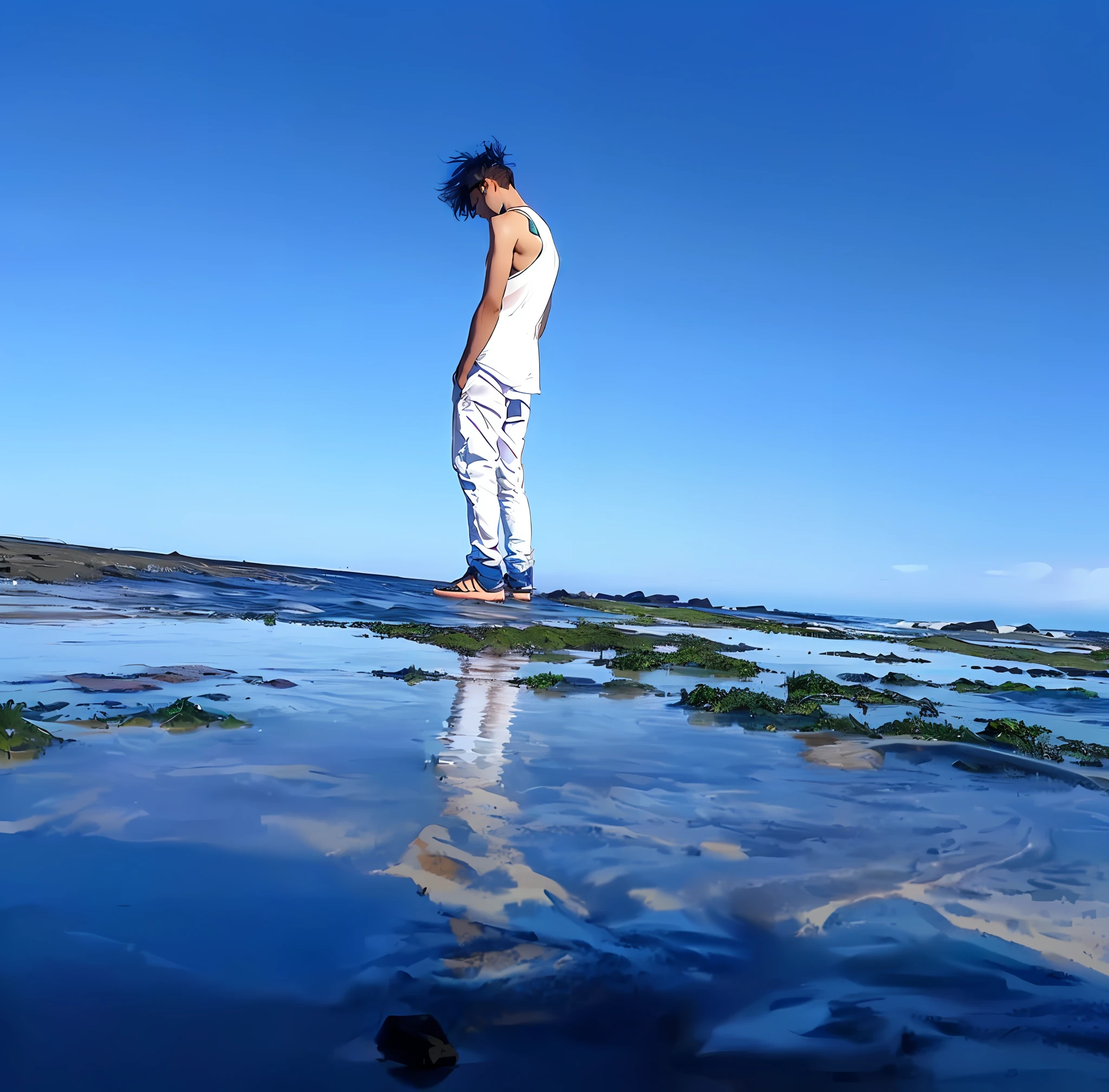 there is a man standing on the beach looking at the water, standing on the water ground, standing in shallow water, standing next to water, standing beside the ocean, standing at the beach, standing on a beach, standing on a rock, next to the reflecting ocean, standing in a shallow river, standing on rock, looking at the ocean