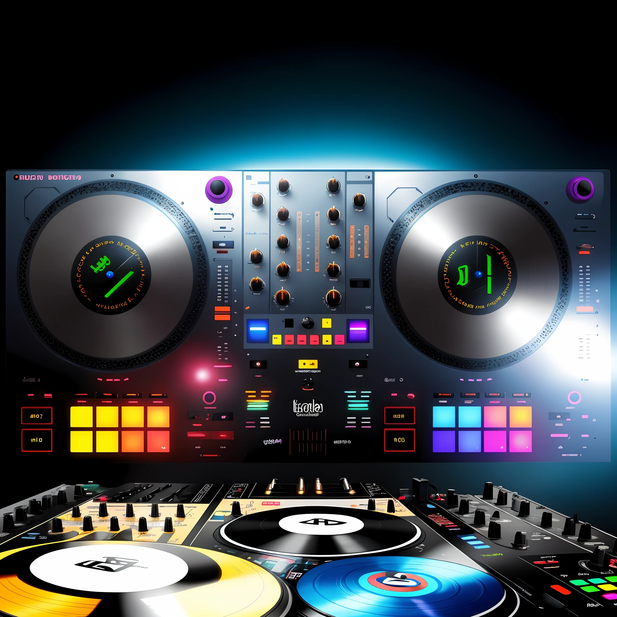 Um close up de um controlador de DJ com dois toca-discos, Mixer DJ, DJ, DJING com toca-discos DJ, turntables, Conjunto de DJ, turntablist, Turntablism DJ arranhando, audio equipments, Deck do controlador, Festa DJ Rave, tocando techno house music, Arte Digital - W 700, 🎨🖌️