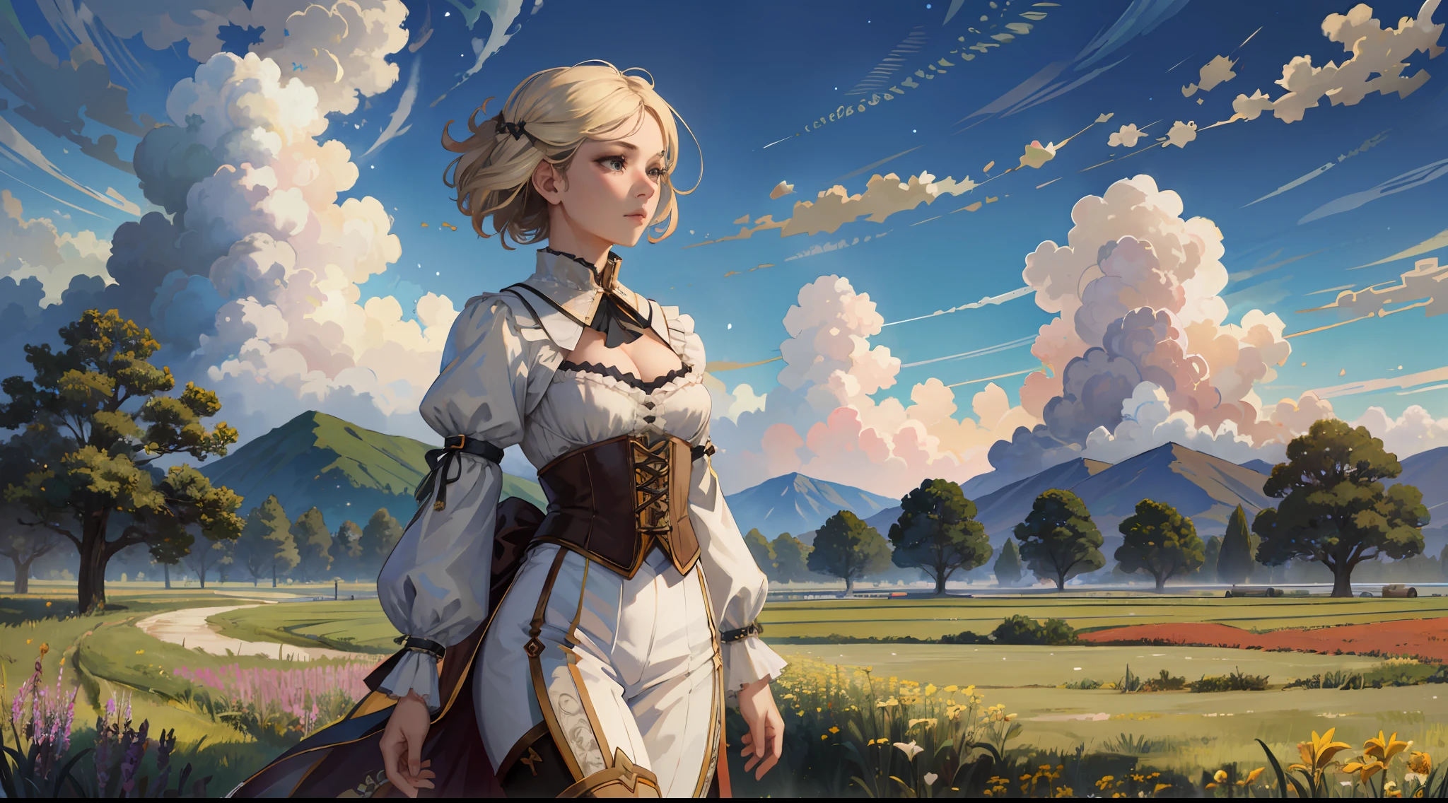 (realistic:1.3), finely detailed, quality, rembrandt lighting, (masterpiece:1.2), (photorealistic:1.2), (best quality), (detailed skin:1.3), (intricate details), dramatic, ray tracing, 1girl, american white girl, blonde hair, 21 years old, medium breasts, (Meadow, Sun, Clouds, Field, Farming, Starlight, Walking trail)