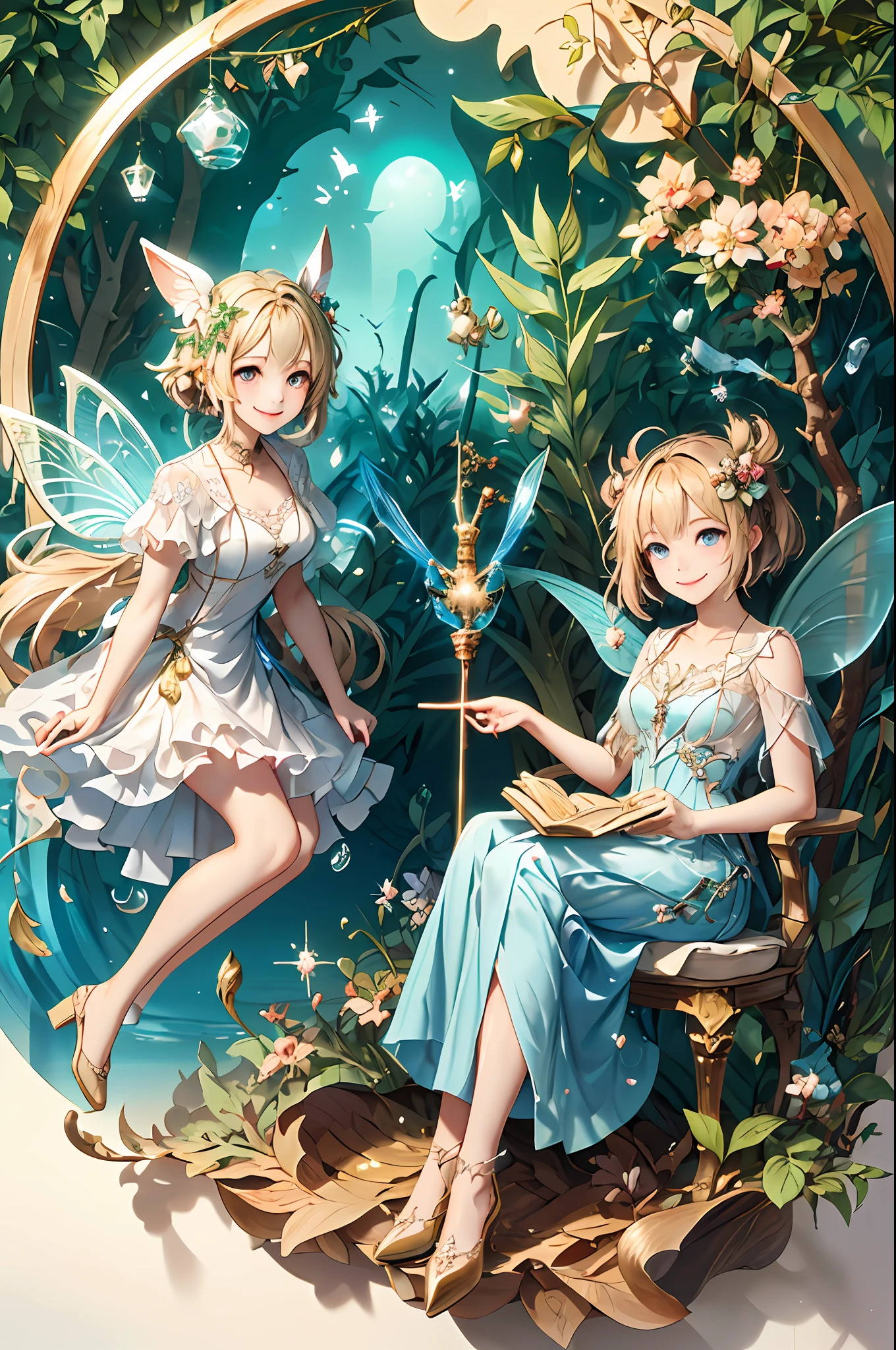 Welcome to the unknown、Fairies will guide you､kindly smile、Beautiful girl with a sense of transparency、beautiful fairies､Large transparent blade､are flying、Smile brightly、the woods、verdant、forest fae、play