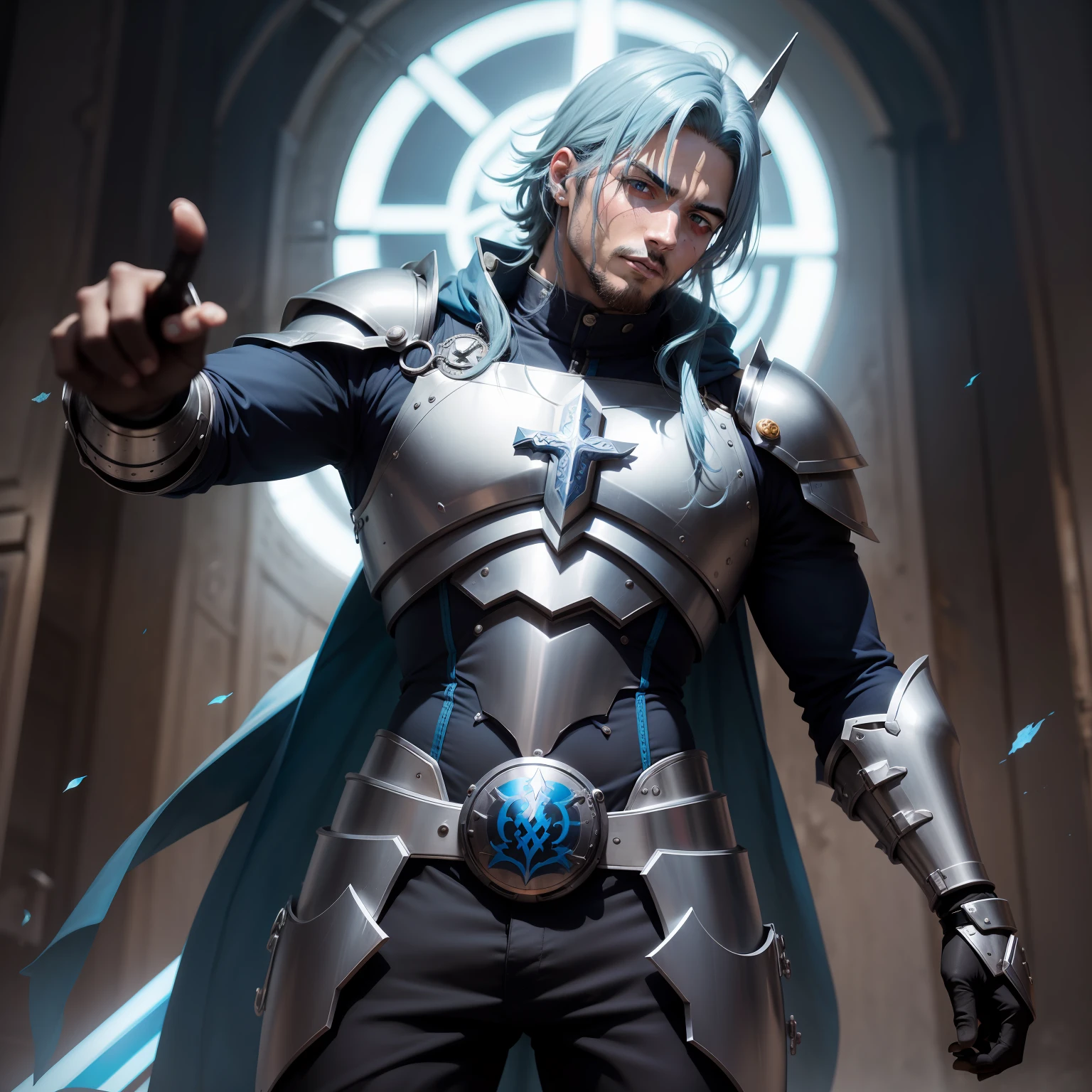 criar personagem de anime homem adulto vetestido como um bispo da igreja com um batina preta com azul de metal como uma armadura . Usando um cordao de ampulheta de metal azul e um cajado de ampulhet