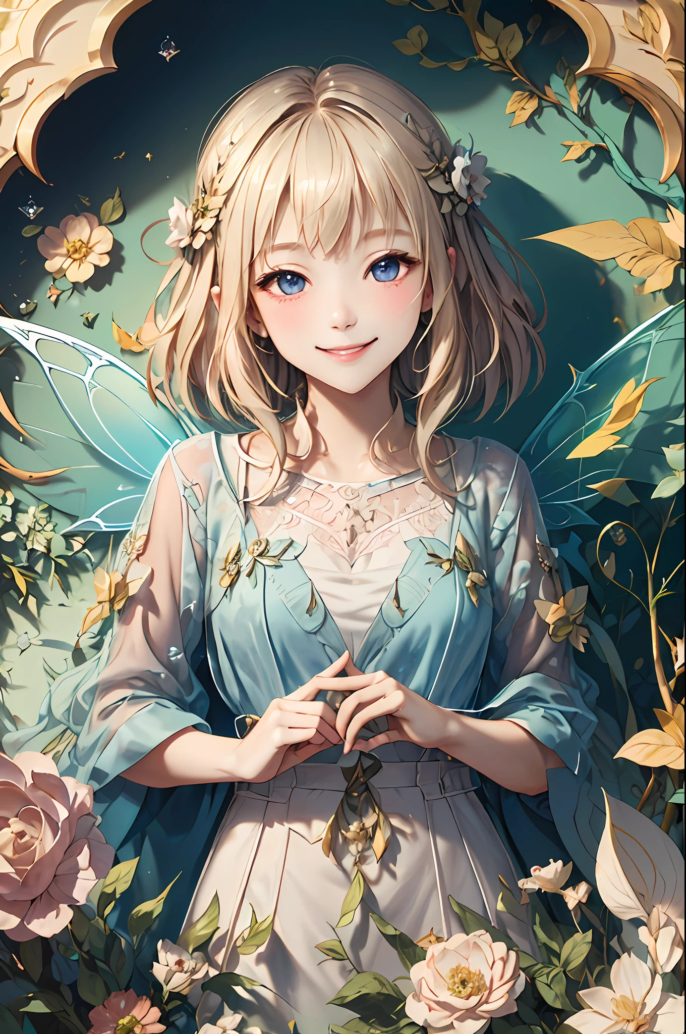 Welcome to the unknown、Fairies will guide you､kindly smile、Beautiful girl with a sense of transparency、beautiful fairies､Large transparent blade､are flying、Smile brightly、the woods、verdant、forest fae、play