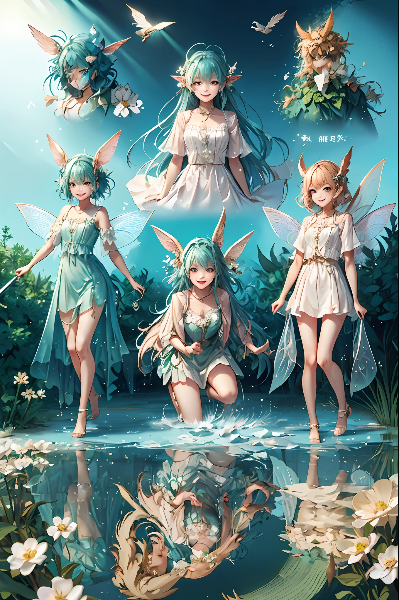 Welcome to the unknown、Fairies will guide you、kindly smile、Beautiful girl with a sense of transparency、beautiful fairies、Large transparent blade、are flying、Smile brightly、the woods、verdant、forest fae、play
