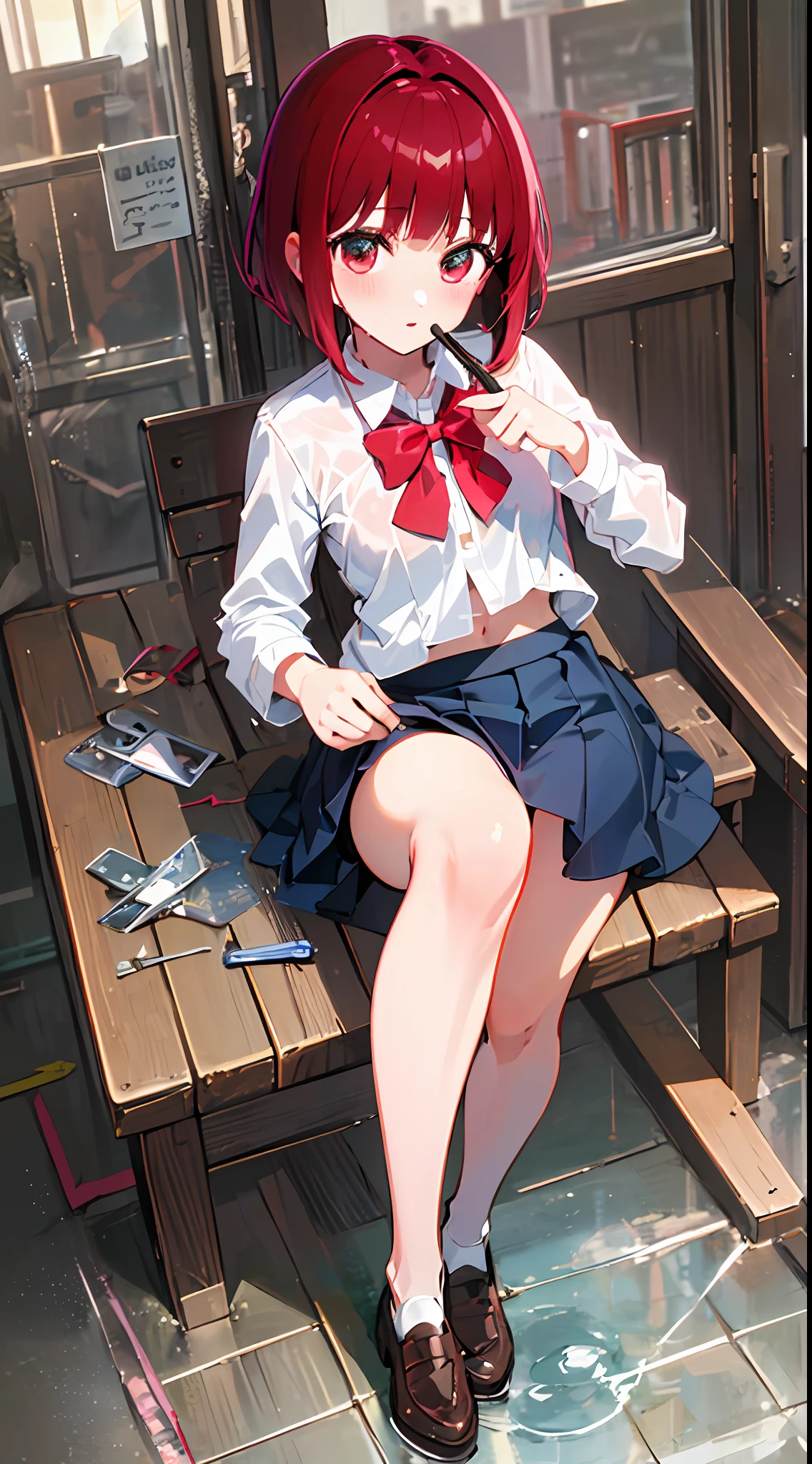 The main girl is beautiful and cute, 「Neat and bright uniform coordination」、Fashion Model Posing、full bodyesbian、full body illustration、The best illustrations、elementary student、Realistic and elaborate uniforms、High School Uniform、((top-quality))、((masterpiece))、(detaileds:1.4)、Anatomical、award-winning concept art、Beautiful fece、fine detailed、portraitures、Look Viewer、(full-body view))、1girl in、full bodyesbian、独奏、6years old、elementary student、child actor、Red hair、Red-haired、shorth hair、Red eyes、big eye、Dark brown blazer、Maroon sweater、Long skirt with long checked length、Dark green and maroon skirt、Black Haiso、Large orange ribbon、White blouse、undergarment、panties on、skirt by the、white panties、 wet, The shirt, Wet clothes, skirt rift, red blush, Classroom, a navel,Lift to below the chest、 Garment Lift, Brief background, Lifting clothing, 校服, Japan Cute Uniforms, blazers、looking at away, shortsleeves, Lori, skiny, primary school, Lori, Baby face, cute little, Young appearance, Fantastic visual depiction, Pro Effects, beautiful a girl, petite girl in, Transparent clothes covered in sweat, Bump, absurderes,Heel Up Loafers、Red hair、Red eyes、The main girl is beautiful and cute, nsfw