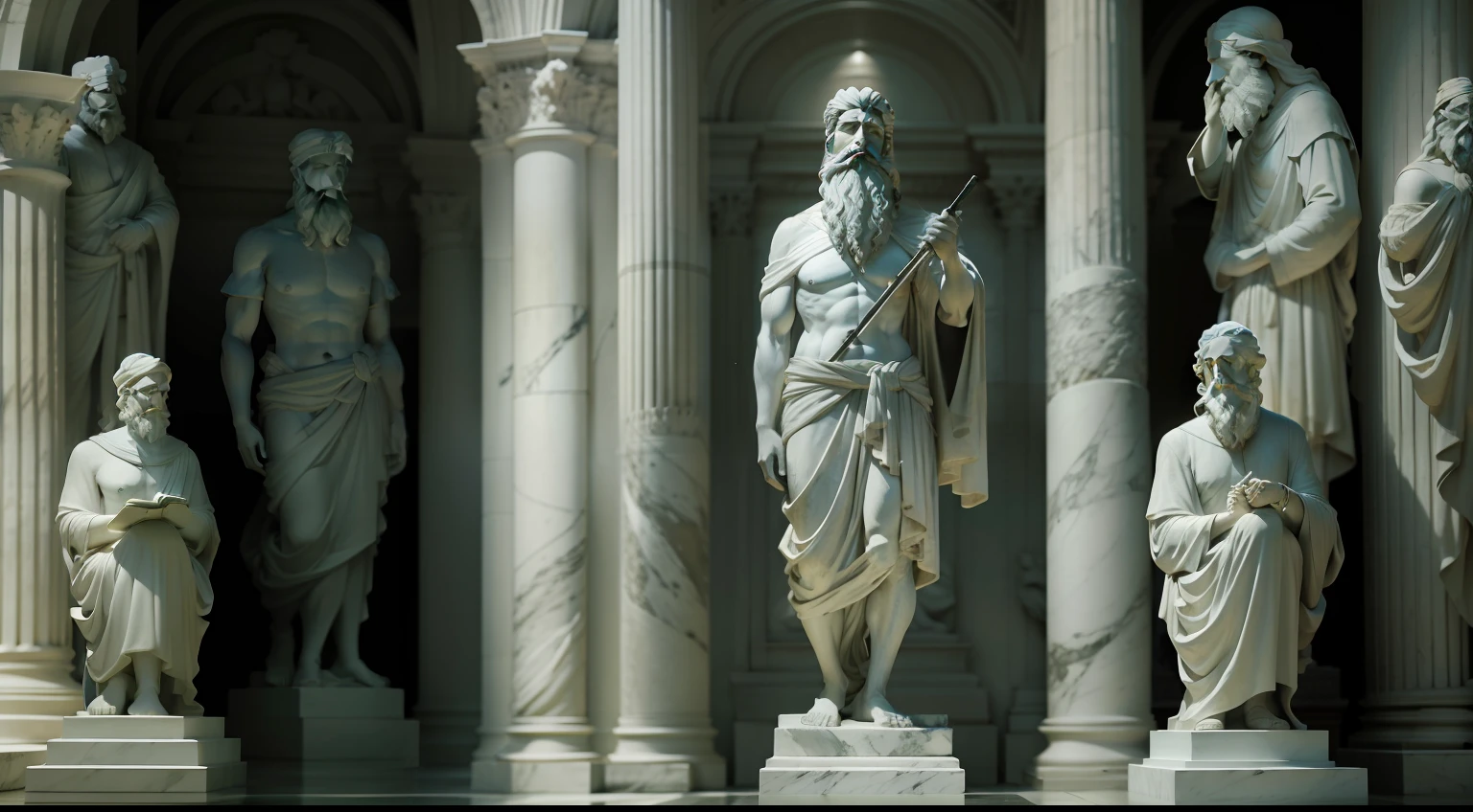 White marble statue of wise man with beard Greek philosopher style in museum. Atmosfera dark, ato contraste de u e sombra, fotografia profissional, utra realista