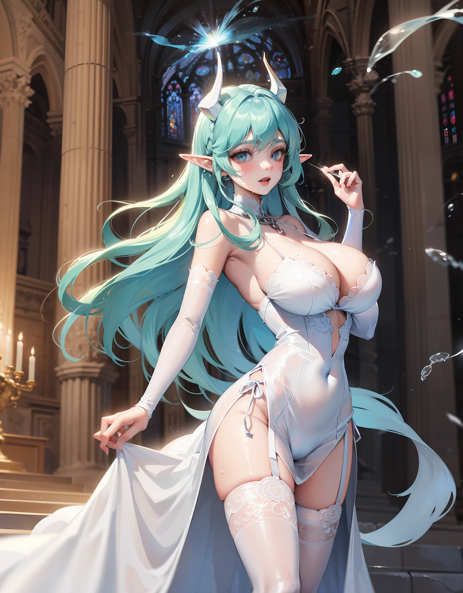 Young woman walking with chains and light blue hair and elf ears with white horns in a cathedral at night using water magic to create a water ball with a sexy white wedding dress all wet, Ela tem um corpo volumoso e os seios, breasts and bust are huge, ela tem um rosto macio delicado lindo e perfeito. water particles