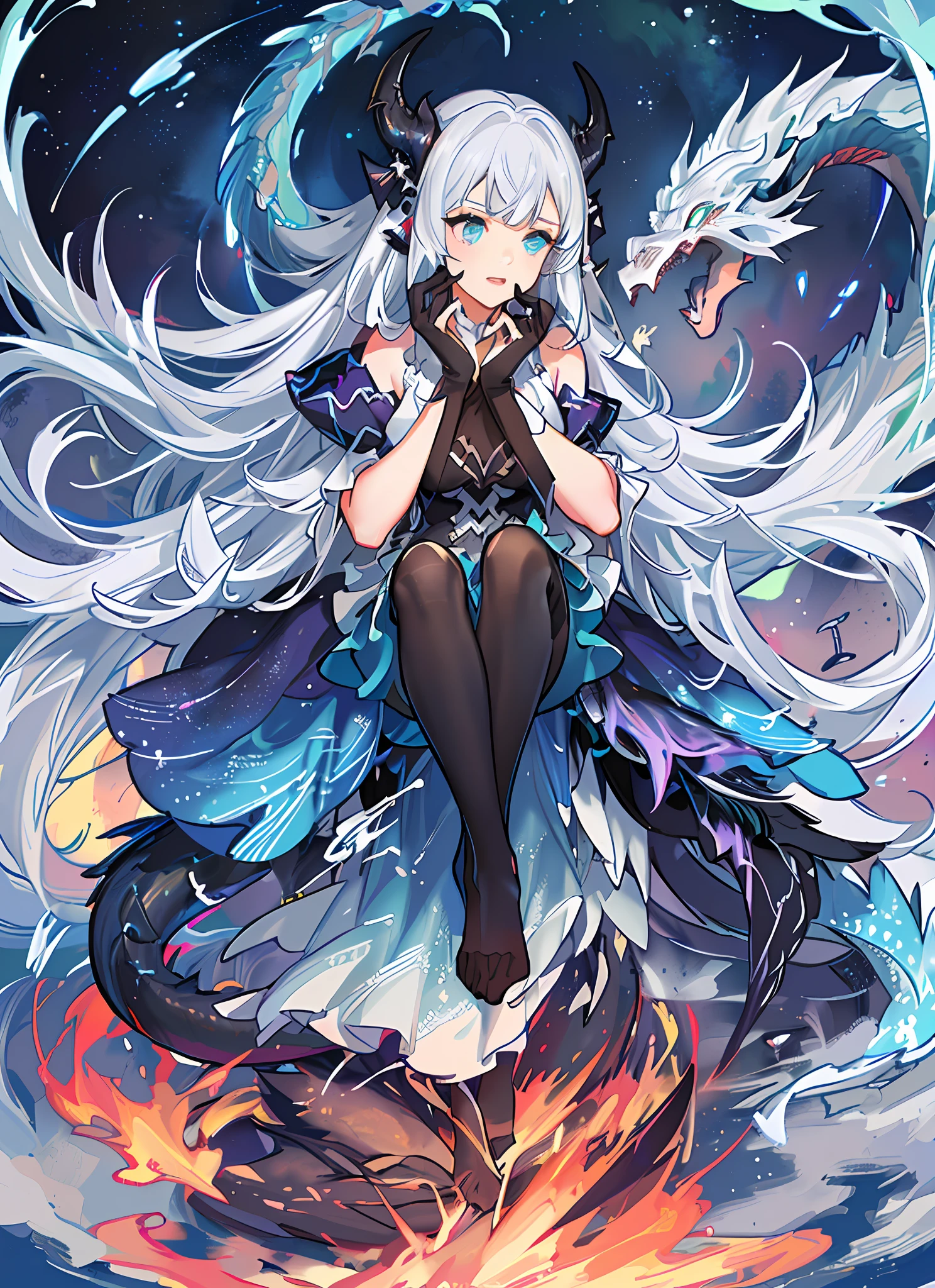 Bright cyan eyes, Long white hair, Dragons, teens girl, Twinkling starry sky galaxy as background, gentle, White lace-trimmed stockings, Black leg ring, Silver-white collar,Dragon's horn,Golden dragon scales,Vertical pupils,Black lace-trimmed stockings,Dark purple lightning dragon,Western Dragon,teens girl,Silver-white light dragon