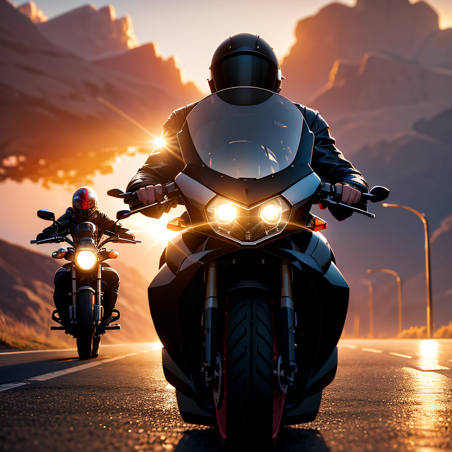 they are riding motorcycles on a road with a sunset in the background, motorcycle concept art, riding a futuristic motorcycle, anato finnstark and alena aenami, biker, going forward to the sunset, cycles 3 d render, alena aenami and android jones, motorcycles, cycles4d render, sunset atmosphere, riding a motorcycle, cycle render, motorcycle