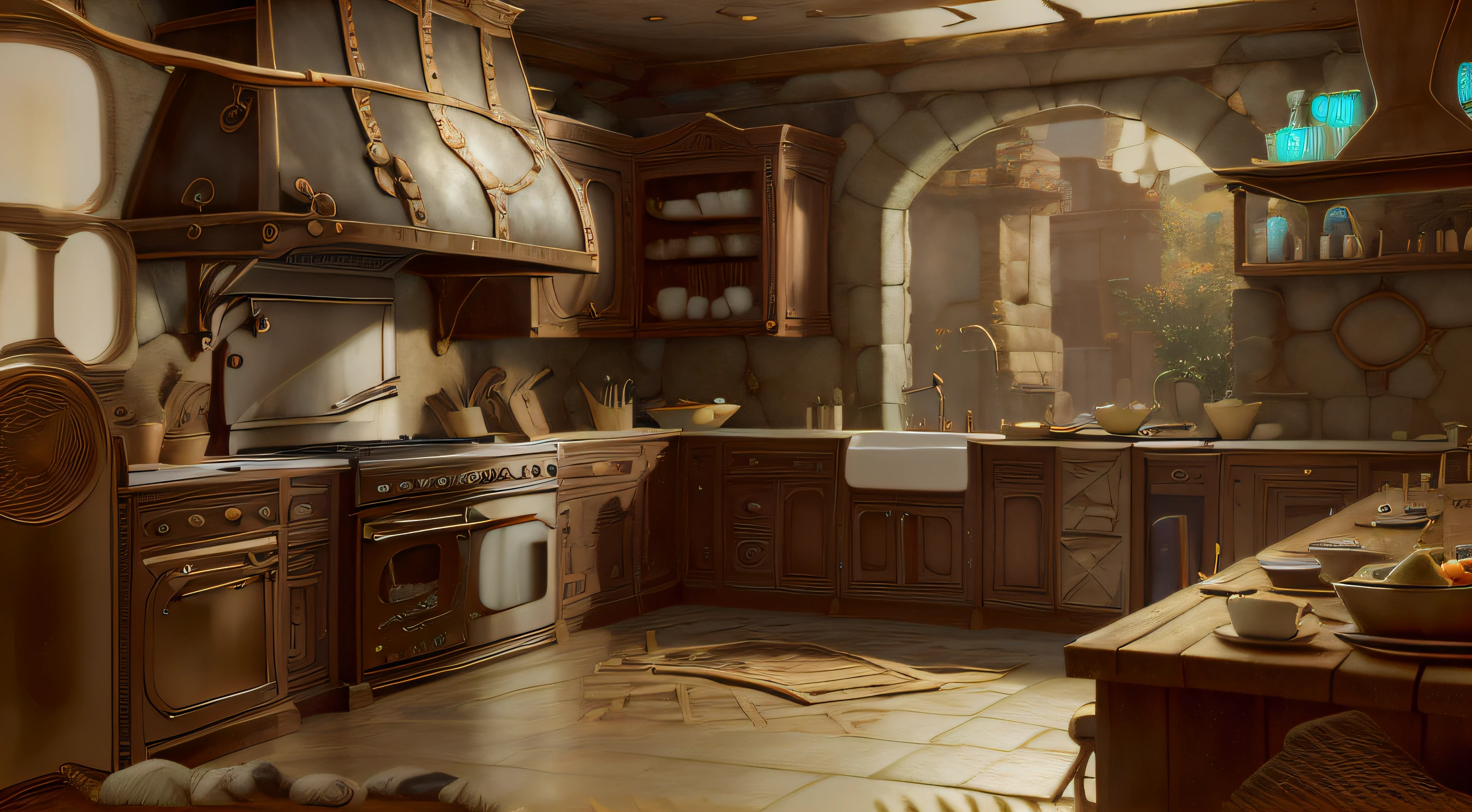 there is a kitchen with a sink, stove, forno e pia, Vista angulada do pano de fundo da cozinha antiga, 3 d render stylized, 3d rendering stylized, Vencedor do concurso Polycount, arte conceitual estilizada, arte conceitual altamente realista, detailed game art illustration, realistic fantasy rendering, unreal engine render concept art, inspired by senior environment artist