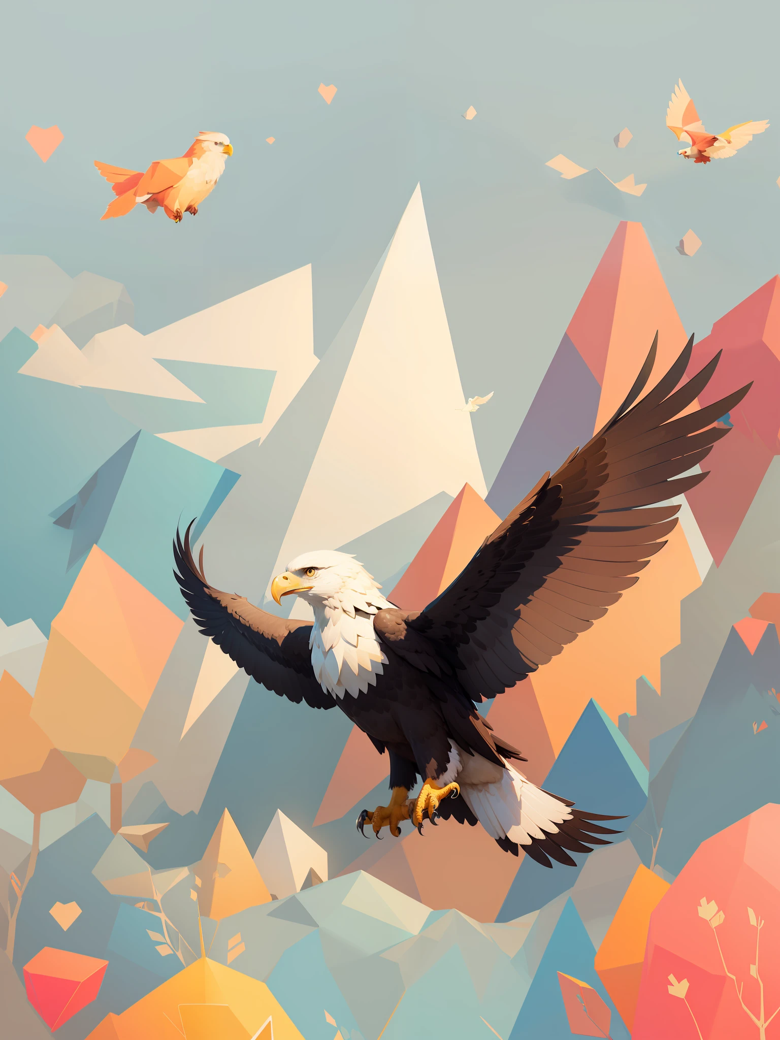 A flying eagle spreads its wings high in the sky，colorful landscapes, low-poly digital art, low poly graphics, super detailed color lowpoly art, low - poly, low poly, Low poly style, low poly art, low polygons illustration, low poly, atey ghailan 8 k, 2 d low polygon art, high quality lowpoly art