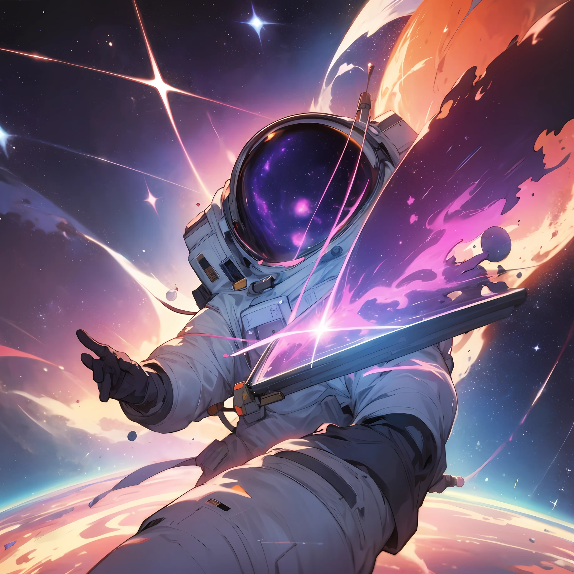 Space anime nebula with an astronaut thrown into space