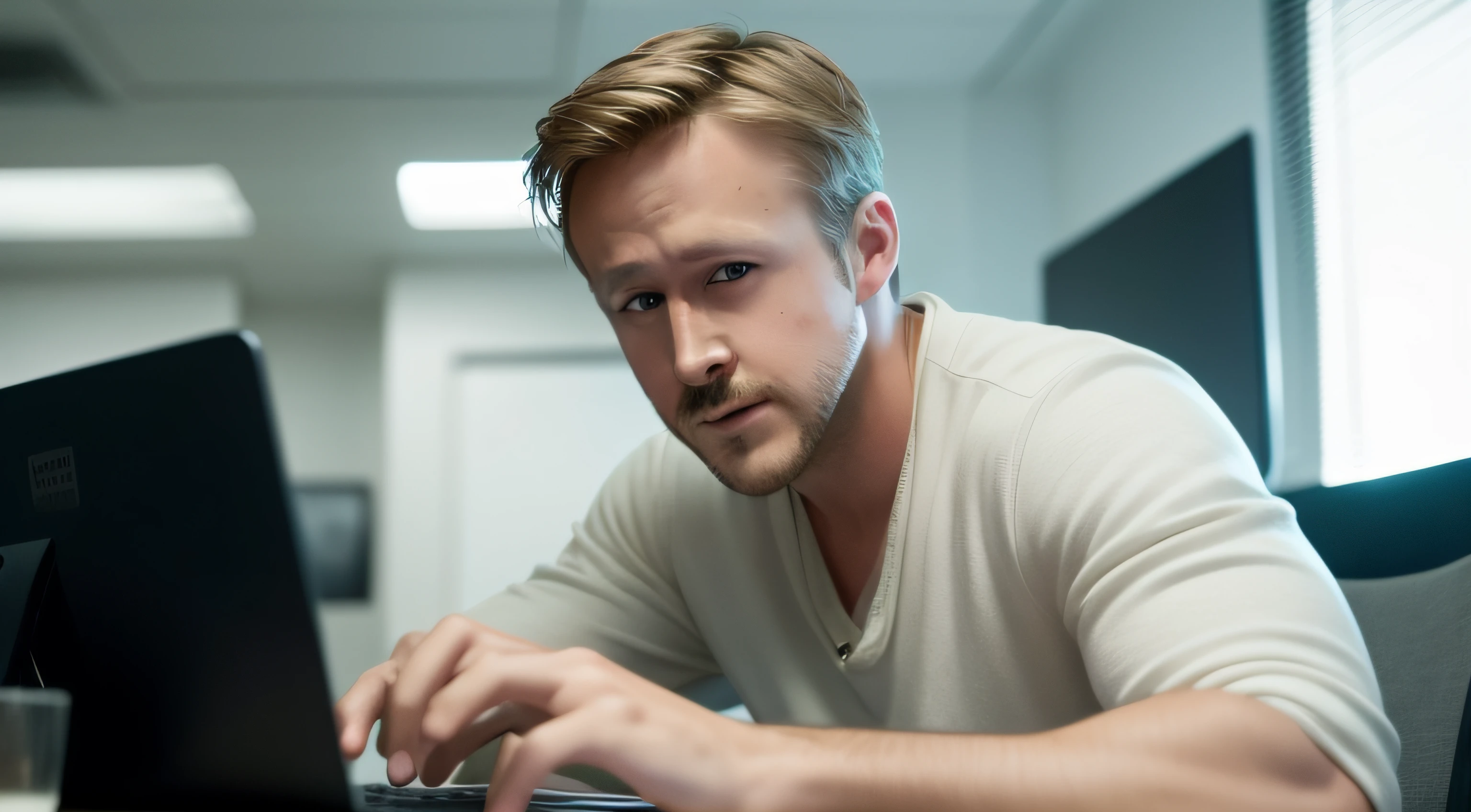 In this modern-day depiction, Ryan Gosling sits at a computer, engrossed in the digital world as he navigates the internet with a focused expression. The glow of the screen illuminates his face, casting a captivating light on his features. His eyes sparkle with curiosity as he explores the vast expanse of information at his fingertips. This contemporary scene captures the essence of Gosling's contemporary life, reminding us of the seamless integration of technology and entertainment in today's world, and the boundless possibilities of discovery and connection through the virtual realm.