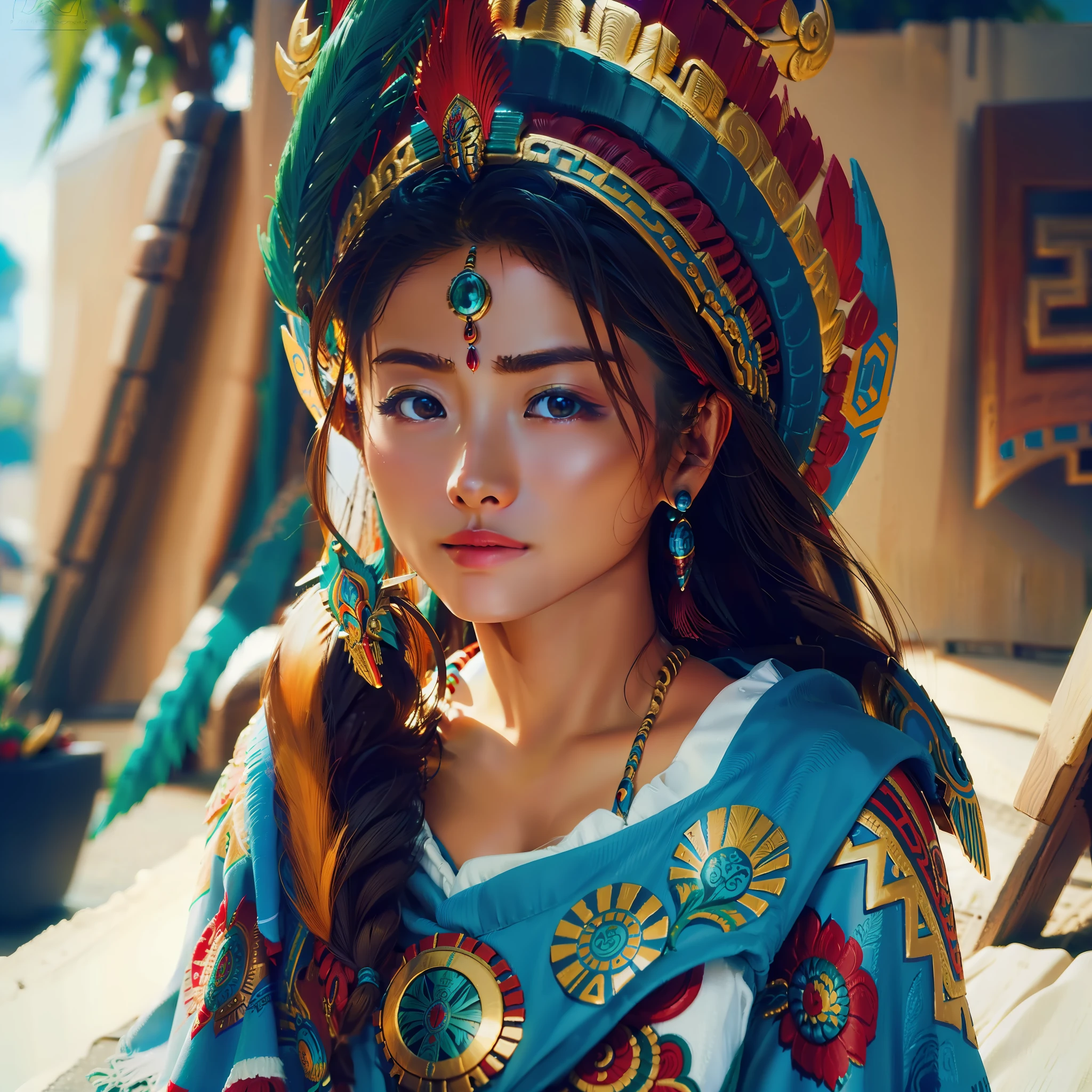 Masterpiece: 1.2, best quality), realistic, (real picture, rich details details, depth of field), a painting of a woman with a bird on her back, in the art style of quetzecoatl, aztec yaotl warrior, aztec god, aztec warrior with jaguar mask, mayan jaguar warrior, digital painting of quetzalcoatl, aztec mythology, quetzalcoatl, portrait of quetzalcoatl, aztec warrior goddess, mayan god