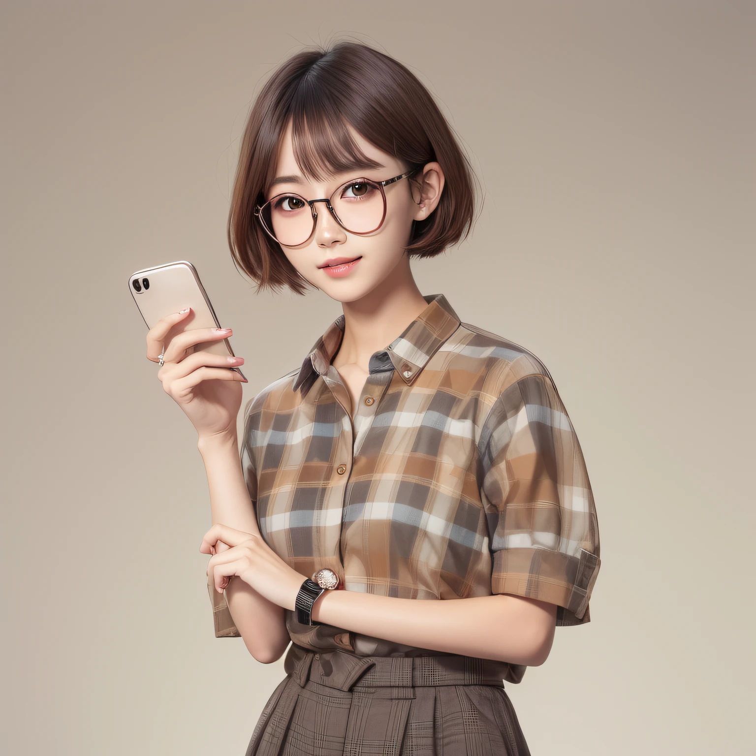 top-quality、A Japanese Lady、Beautiful shape、Large round glasses、Double eyelids、long lashes、Slender eyes、Short bob hair、Brown checked shirt、Short-sleeved button-down shirt、Smartphone、ssmile