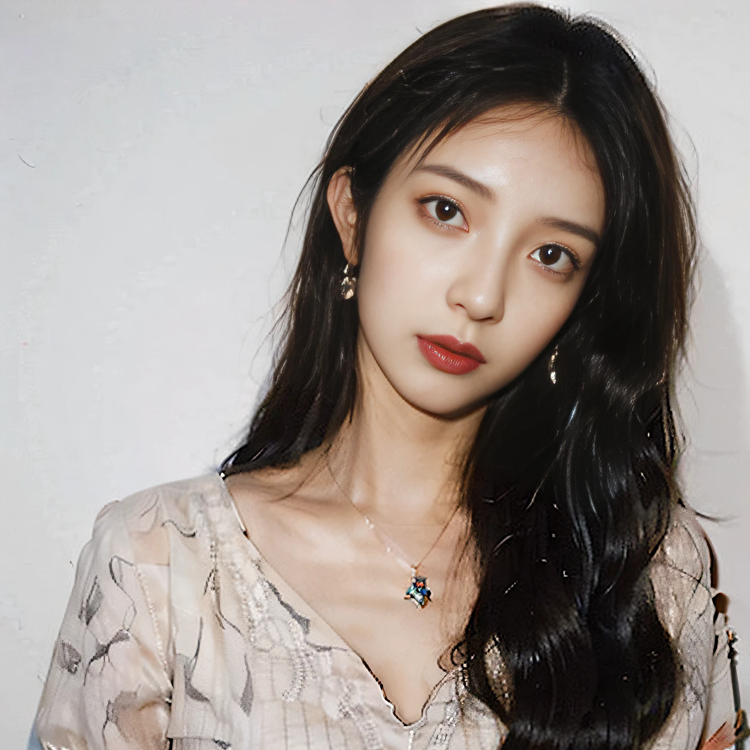 Best quality,materpiece,(Realistic:1.3),Detailed skin,Close up,Studio light,White background,1 girl,(full bodyesbian:1.3),Long hair,Light red hair,Floating hair,Earrings,necklace,jewely,view the viewer,feathers hair ornament,Light lipstick,black shadows,