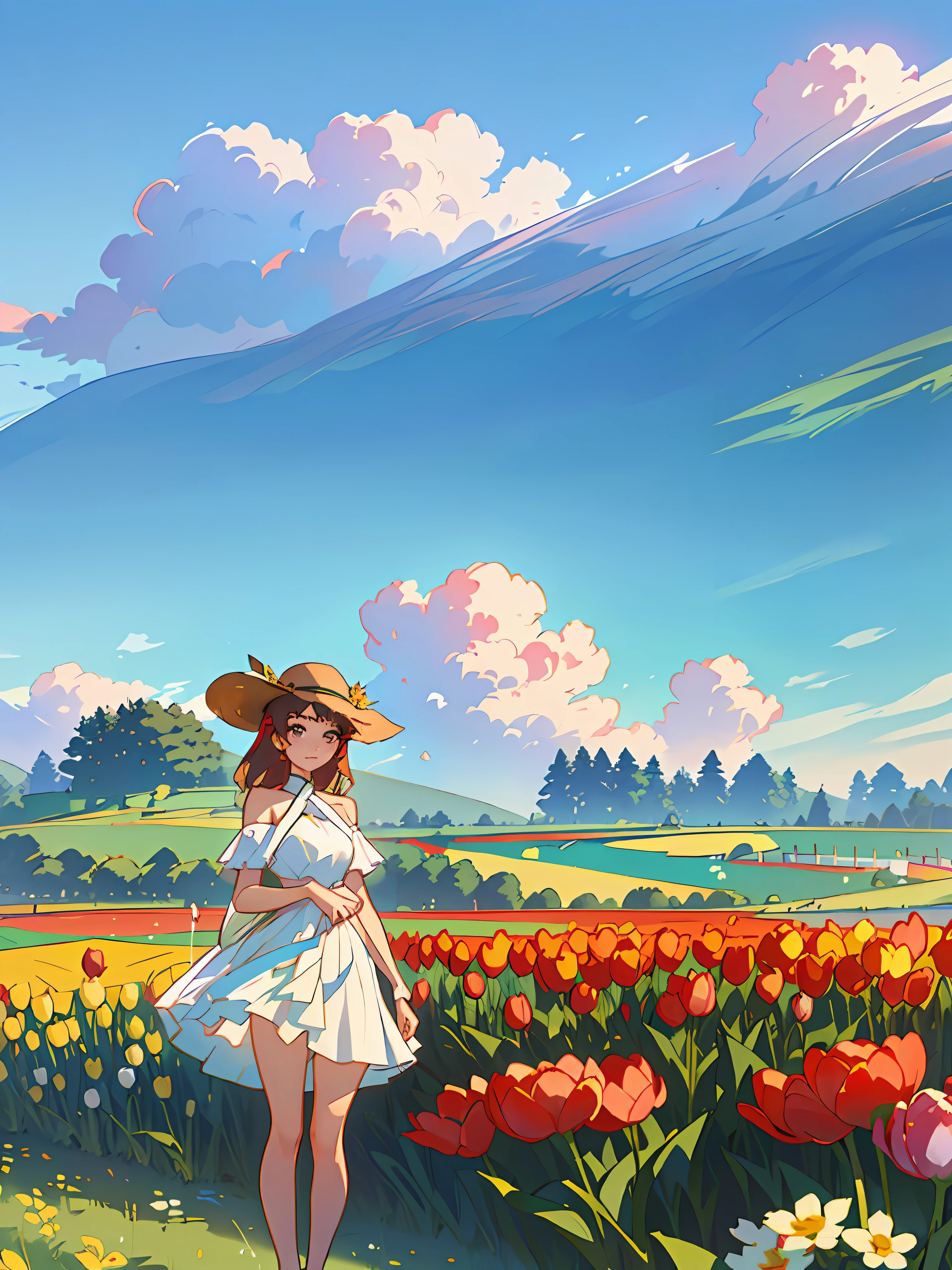 there is a pretty chinese woman standing in a field of tulips with a sun hat on and wearing white halter dress, standing in tulips field, standing in a flower field, woman standing in tulips field, girl standing in a flower field, standing in a field with flowers, girl in a flower field, with flower fields as foreground, in a field of flowers, flower fields, girl standing in flower field, wearing sunglasses, tall and slim