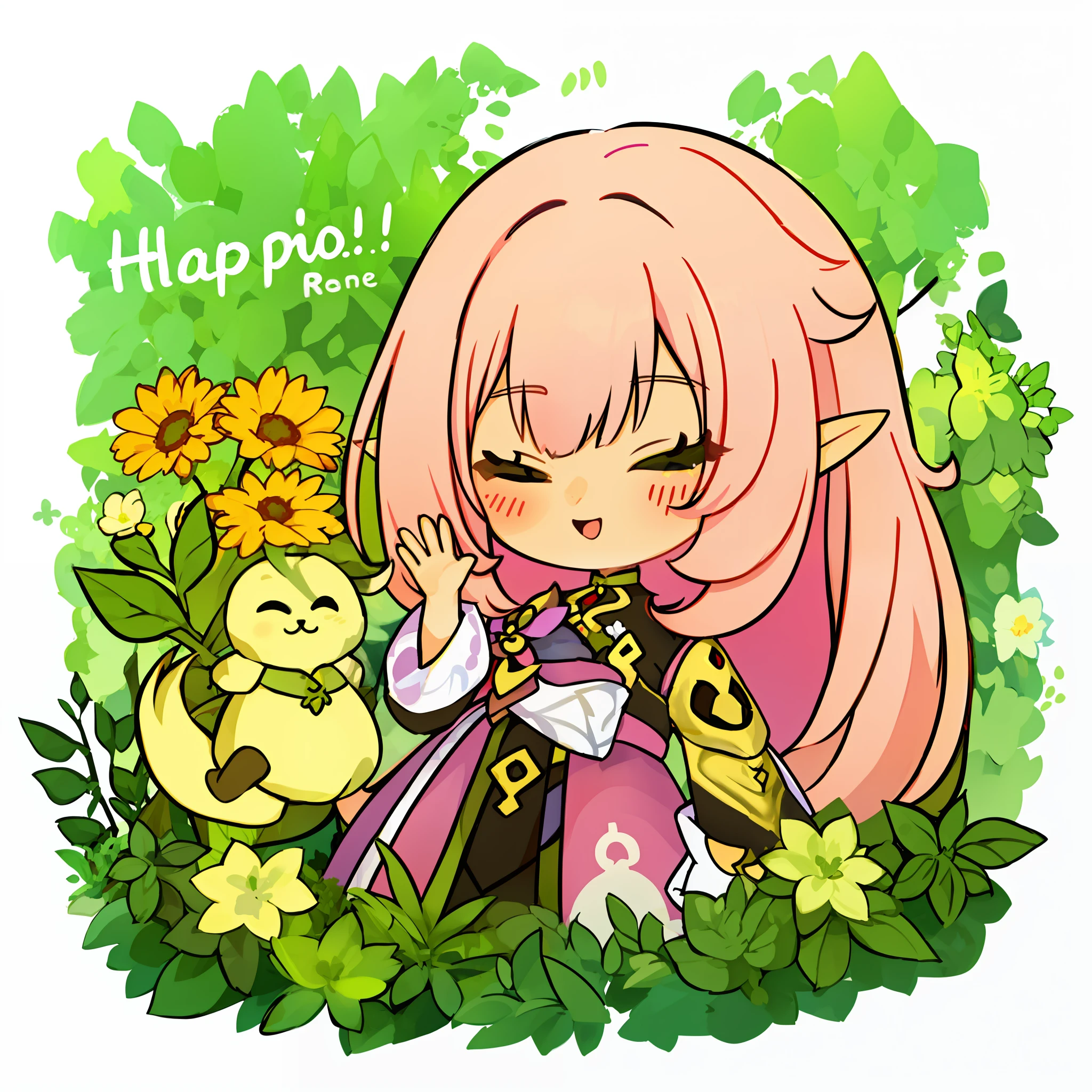 Inripsa, chibi, Pink hair, happy, (1girll), elf, Garden background, Colorful flower, waving her hand
