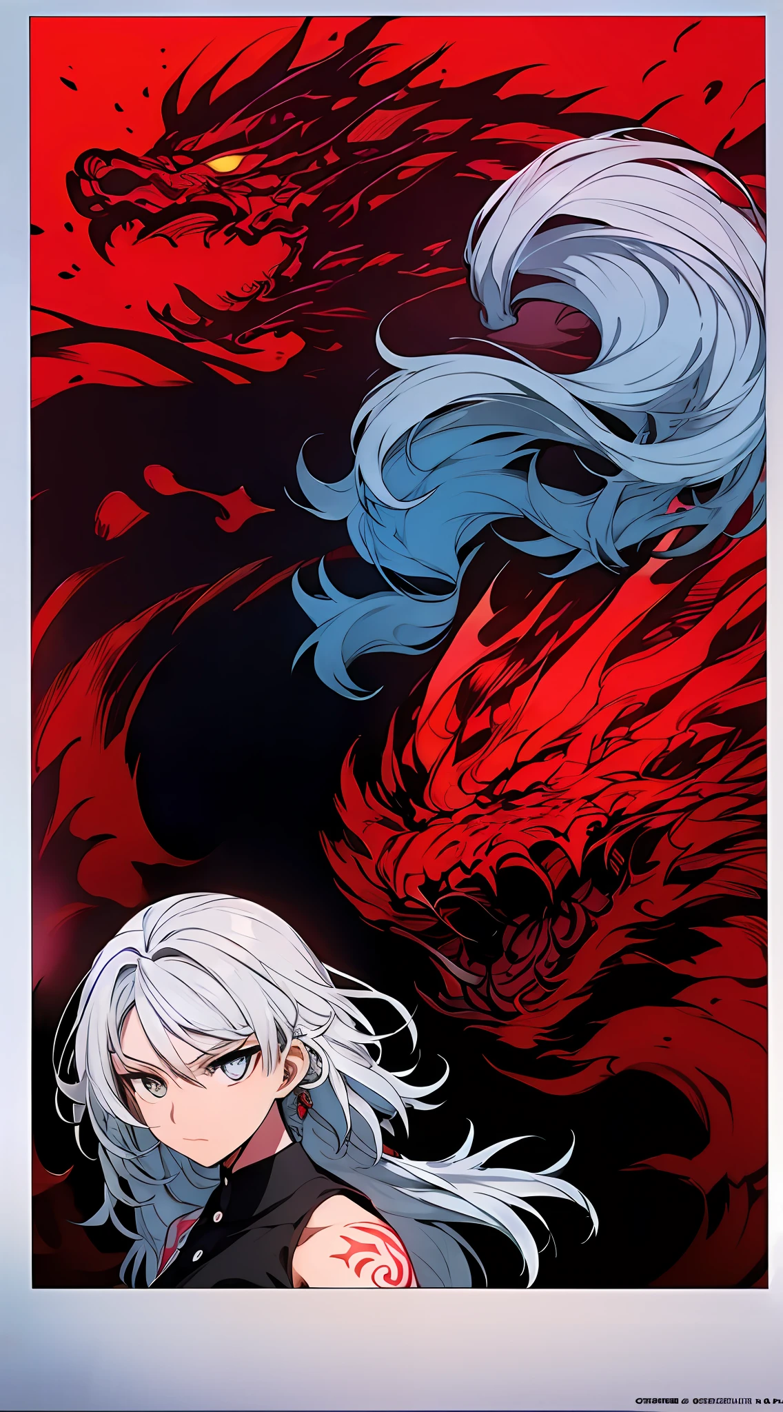 Anime magazine featuring tattoos, shoujo, silver-white hair, midi hair, droopy curls, three-dimensional and delicate facial features, reflections in the eyes, wearing a suspender suit, dragon tattoo on the arm, head down, crimson bright eyes, fierce and fierce, bad boy, riffraff, red and black background, manga art style, modern style, mobile wallpaper, 85mm, from the side, character table, projection illustration, mixed