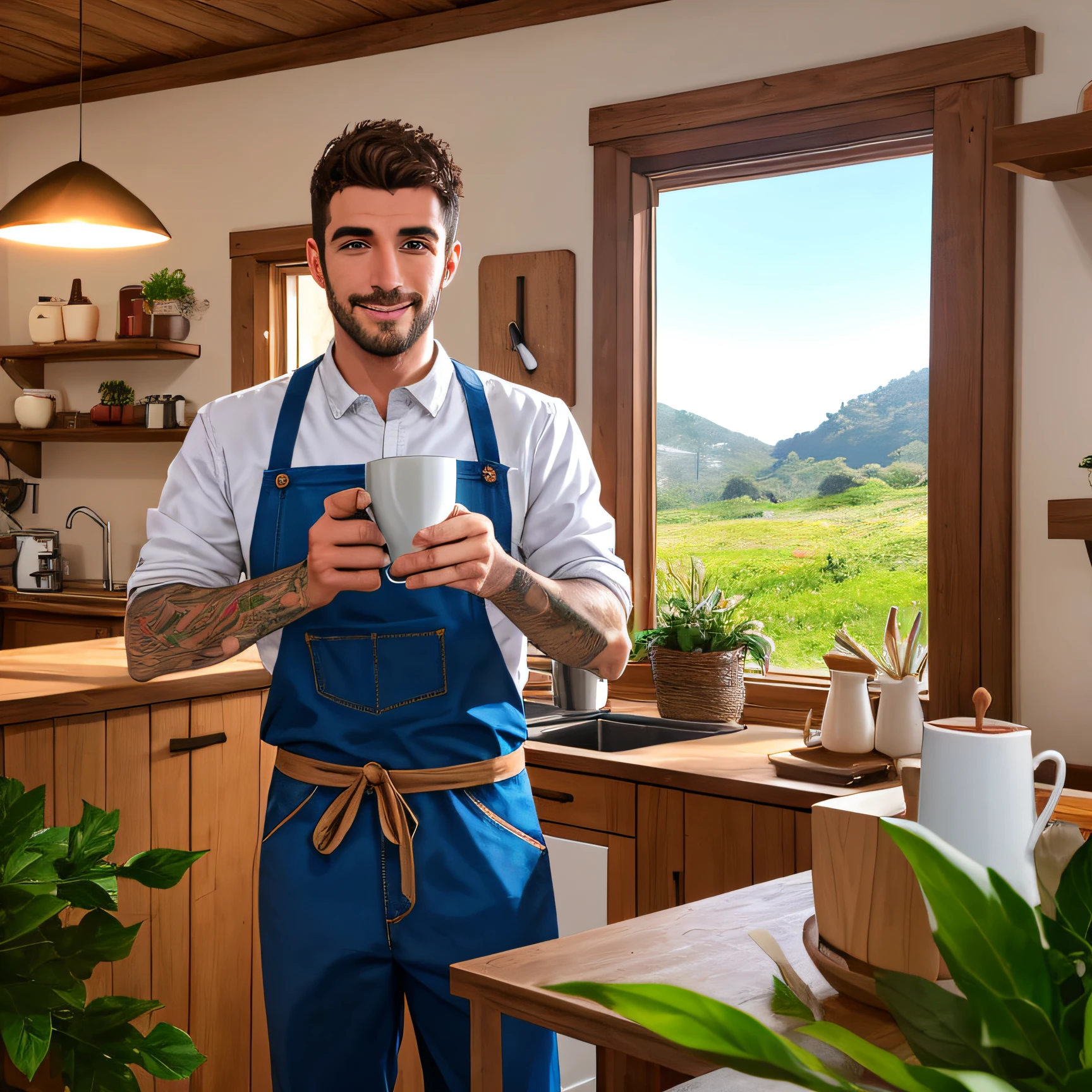 Um homem de gengibre vestindo apenas avental em uma cozinha, expondo coisas, picos fora do avental, cozinha aconchegante, decoration, vegetation, altamente detalhado, 4k, HDR, with a cup of coffee in your hands.