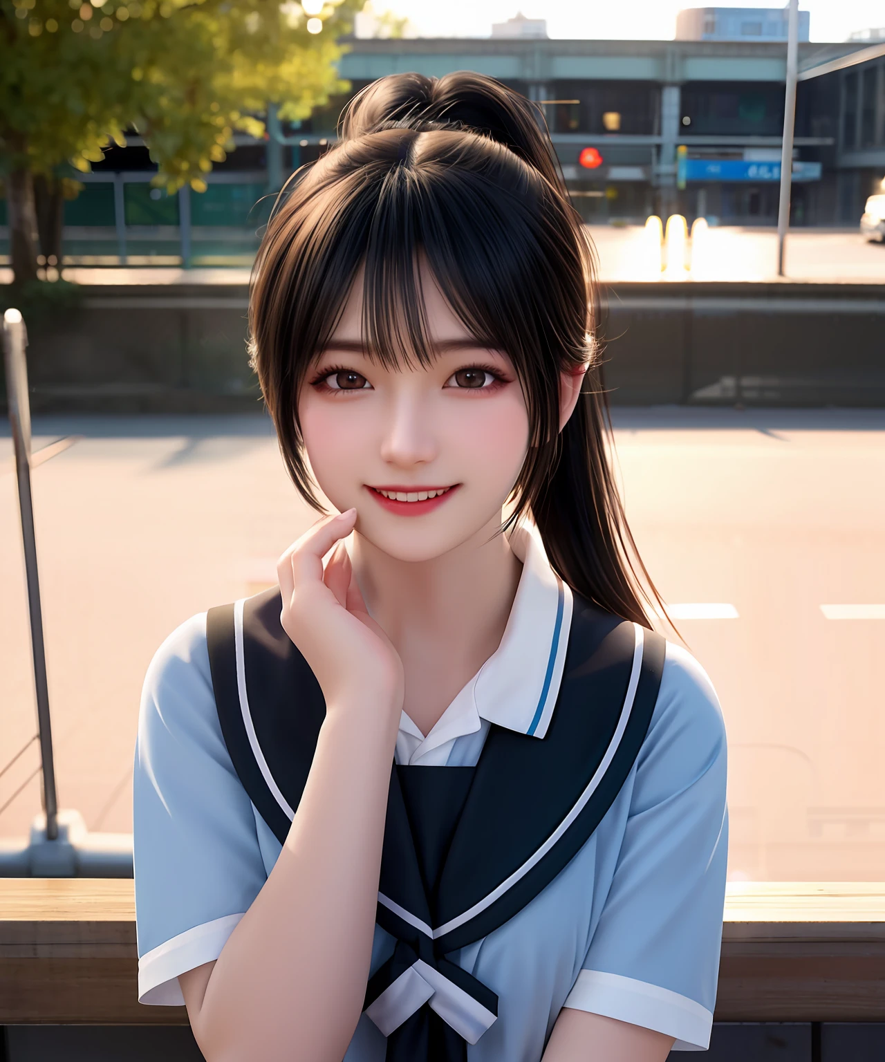 best quality, masterpiece, highres, 1girl,7 years old, school uniform, medium-length hair, near London Bridge, eating ice cream, Beautiful face, upon_body, tyndall effect, photorealistic, dark studio, rim lighting, two tone lighting,(high detailed skin:1.2), 8k uhd, dslr, soft lighting, high quality, volumetric lighting, candid, Photograph, high resolution, 8k, Bokeh, black hair, short ponytail, flower on head, smile, happy, ray tracing, cinematic lighting, Nikon, super detail, ccurate, best quality, masterpiece, high details, highres, 8k