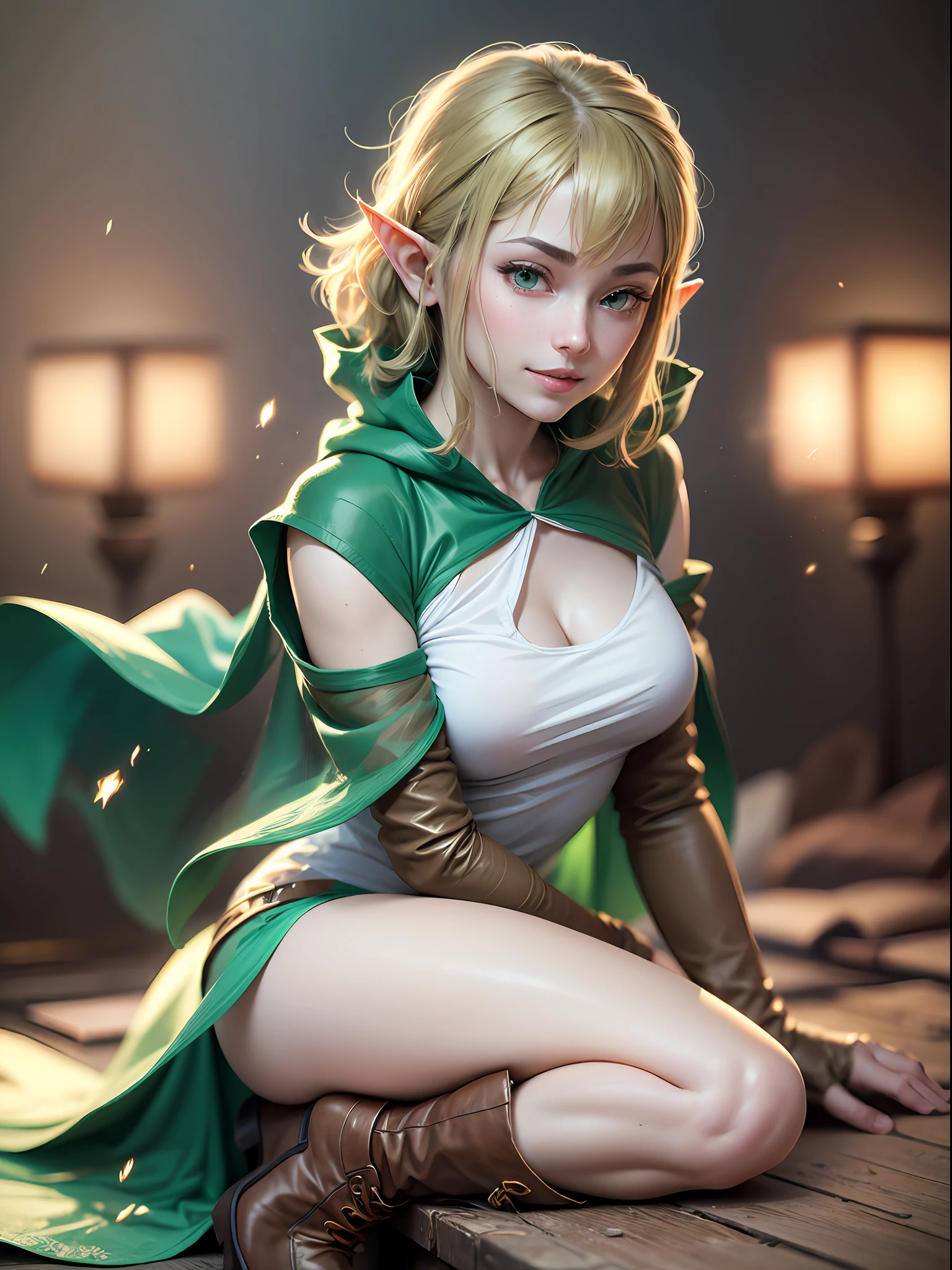 ryuu,  thight boots, cloak, elbow gloves, green underwear, white t-shirt, long thight boots, brown boots, elf ears, full body, breast focus, beautifull smile, (detailed eyes:0.8), erotic pose (realism:1.2), (masterpiece:1.2), (best quality), (ultra detailed), (8k, intricate), (85mm), light particles, lighting, (highly detailed:1.2), (gradients), sfw, colorful, daylight, solo.