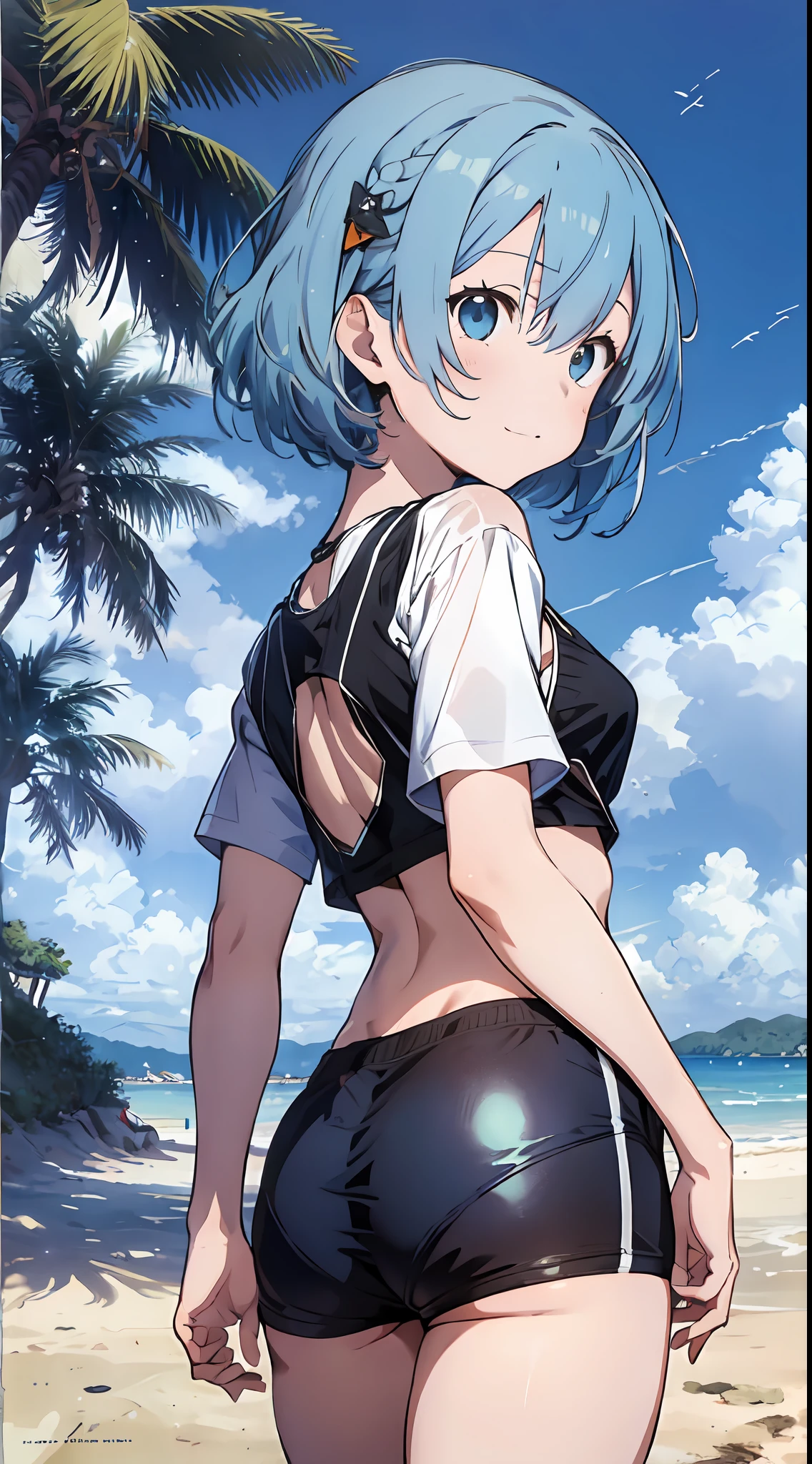 1girl, solo focus, type moon style, Kyoto animation style, short hair, (blue hairs:1.7), blunt bangs, hair between eyes, Clear eyes, sidelocks, white hair, shiny hair, beautiful detailed cold face, seductive smile, angry, complex details beautiful and delicate eyes, bare_shoulders, small_breasts, gray eyes, white skin, hair ornament, (((T-shirt))), swim ring, swimsuit, beautiful bare back, sandals, skindentation, collarbones, bare_legs, beach, beautiful detailed sky, White sand, tree, very precise detailed, absurdres, extremely detailed, 16k wallpaper,remrezero