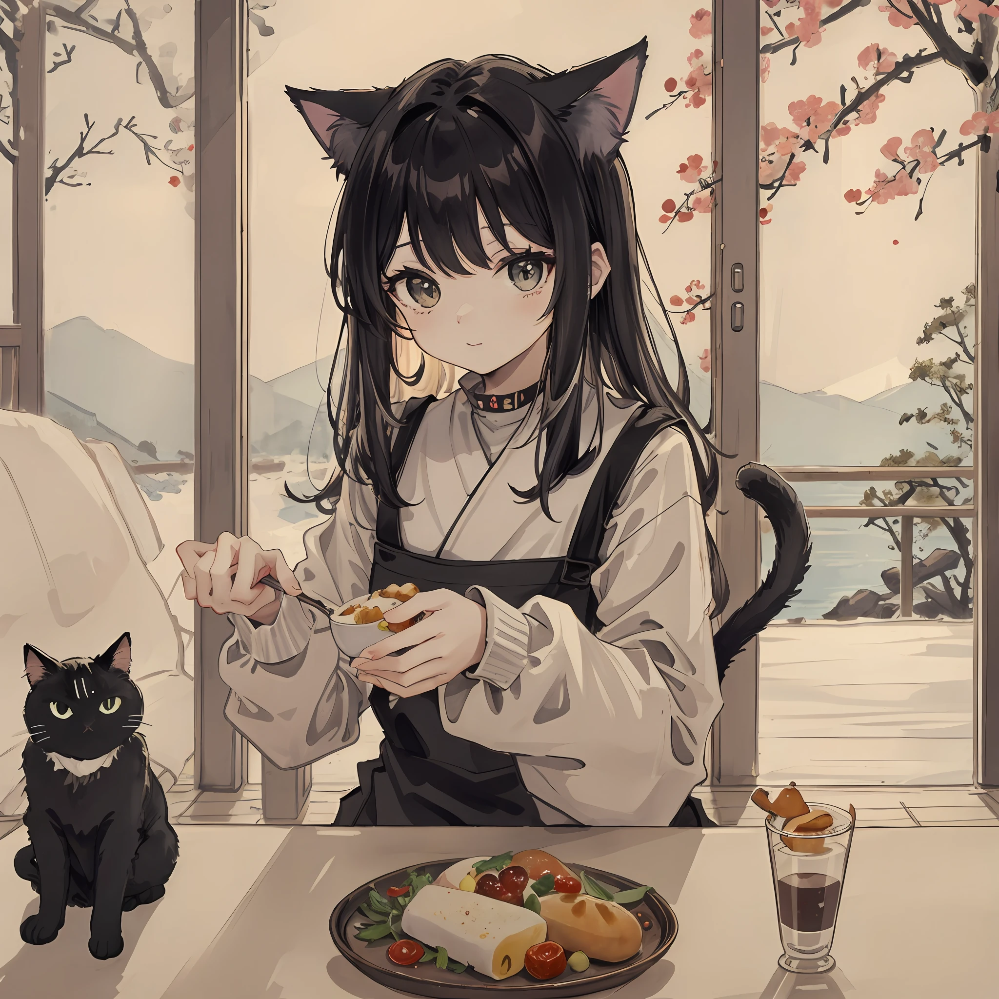 top-quality、8K、Dining、With a cat
