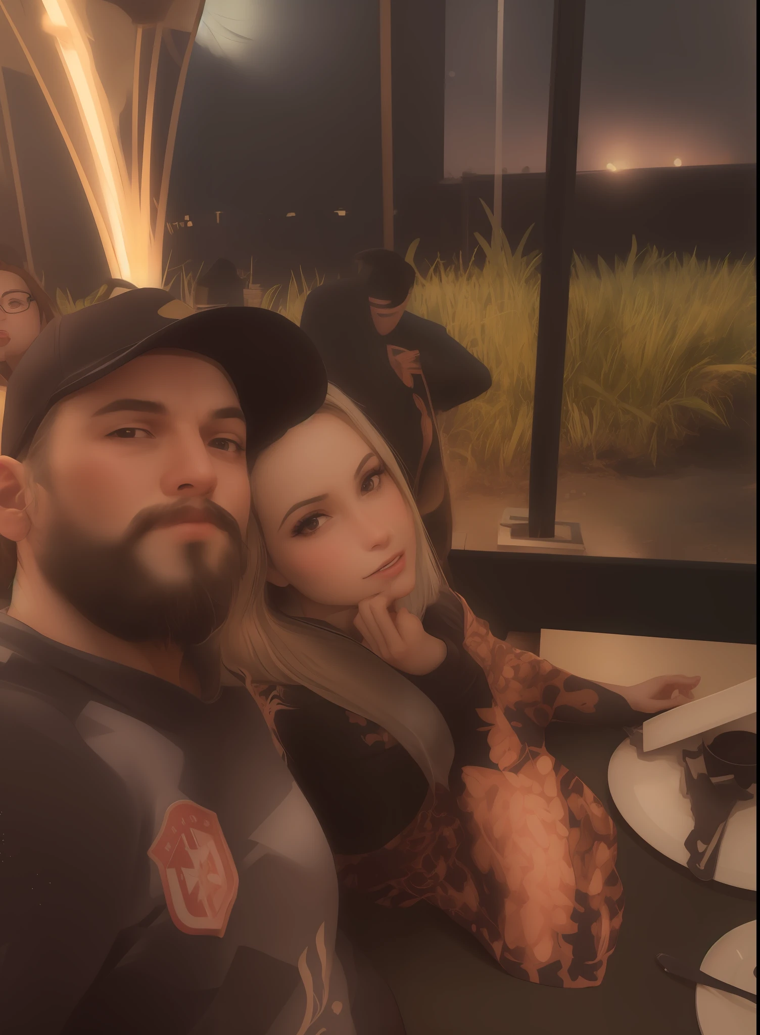 they are sitting at a table with a plate of food, Marischa Becker, foto de baixa qualidade, 4 k post, Postagem 4k, imagem de qualidade muito baixa, imagem de perfil, Fotografia selfie 8k, Parece Fabiula Nascimento, they are very serious, par, 🤬 🤮 💕 🎀, selfie ruim, Scandy e Arender