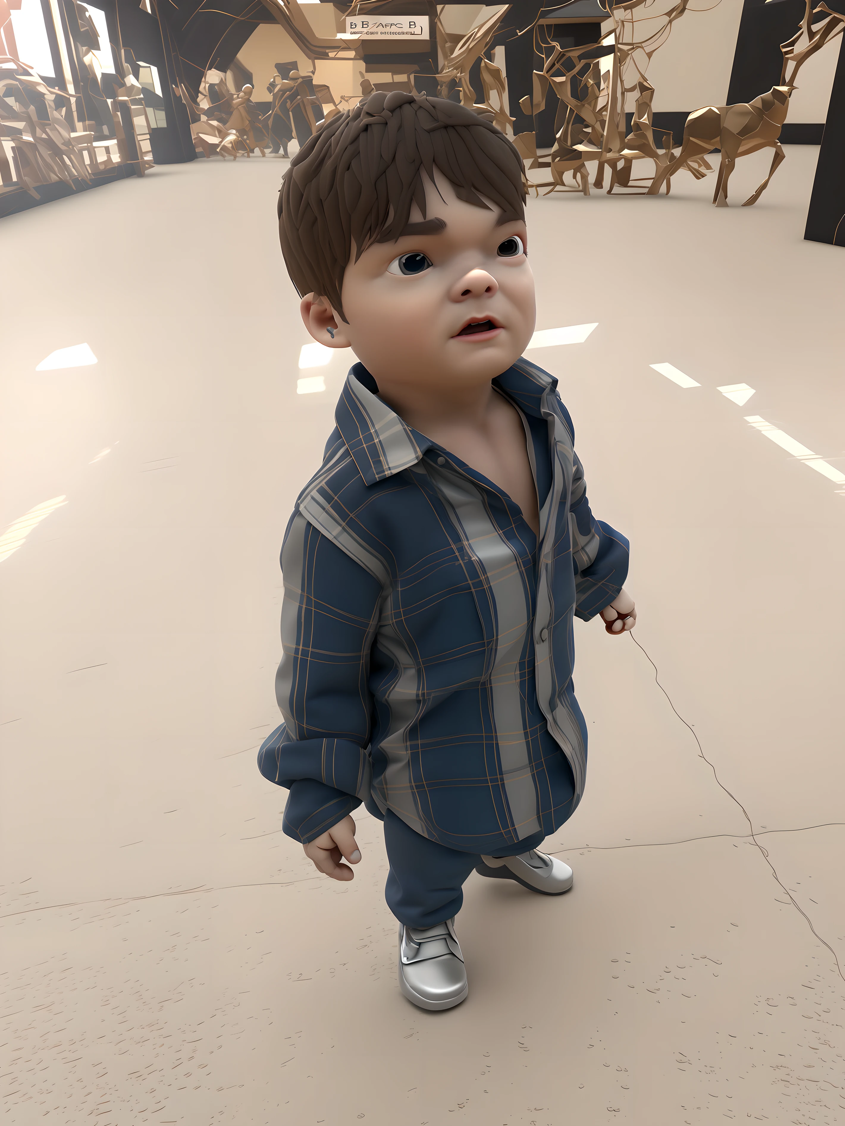 (((CBZBB))) Circular realism with big boy's head, ((((3DMM)))), character sculpture, toy design, there is a small child who is standing in a room, wearing plaid shirt, plaid shirt, very small boy, like a miniature, with neutral background, blurred background, ultra realistic, (((CBZBB))), Digital Art, detailed, realistic, humanoid, Pixar style, Miniature style, tiny, organic looking clothing, gooey texture , Symbiote, highly detailed cinematic rendering, ultra photorealistic raytricing