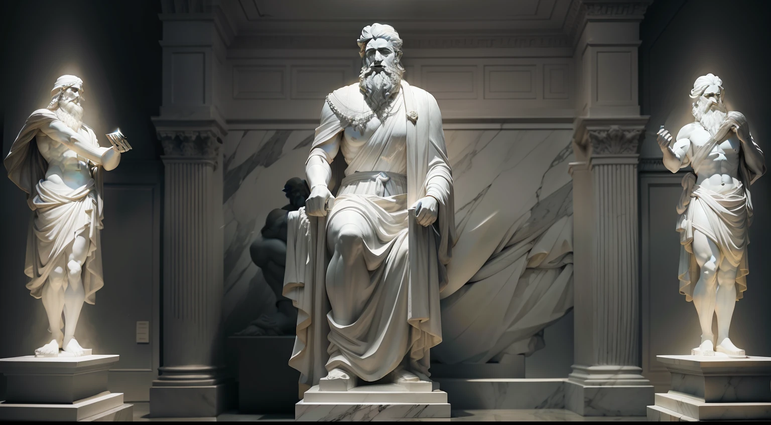 White marble statue of wise man with beard Greek philosopher style in museum. Atmosfera dark, ato contraste de luz e sombra, fotografia profissional, utrarealista, Light Volumetric, cinemactic