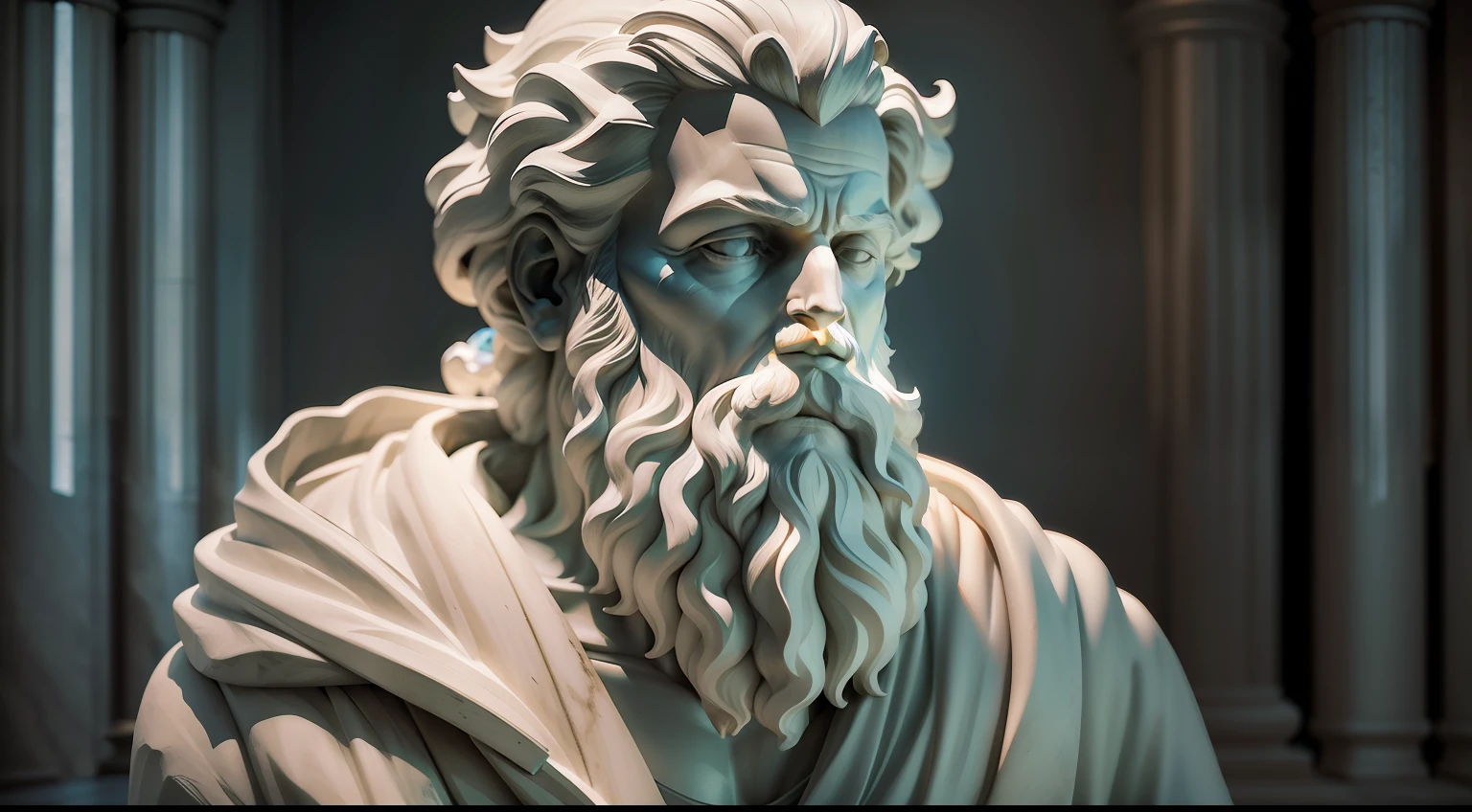 White marble statue of wise man with beard Greek philosopher style in museum. Atmosfera dark, ato contraste de luz e sombra, fotografia profissional, utrarealista, Light Volumetric, cinemactic