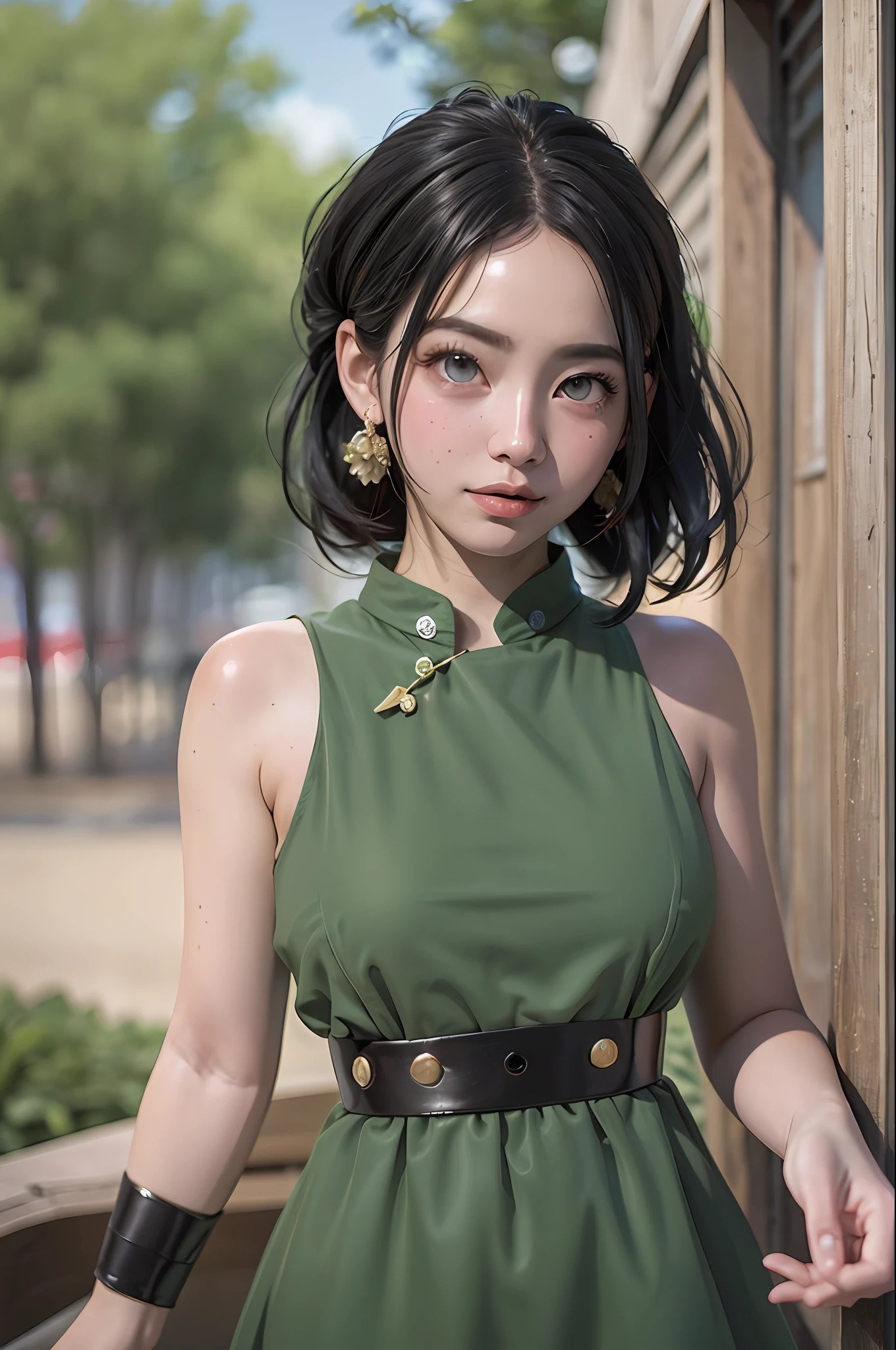 obra-prima, melhor qualidade, highres, 1girl, solo, cabelo preto, faixa de cabelo, cinto, cabelo curto, vestido, olhos azuis, coque de cabelo, faixa de cabelo verde, cego, roupas chinesas sexy, coque de cabelo, vestido verde, decote,mangas curtas, pelvis curtain, parque, corrida, peito pontudo, decote
super decote N-SFW.