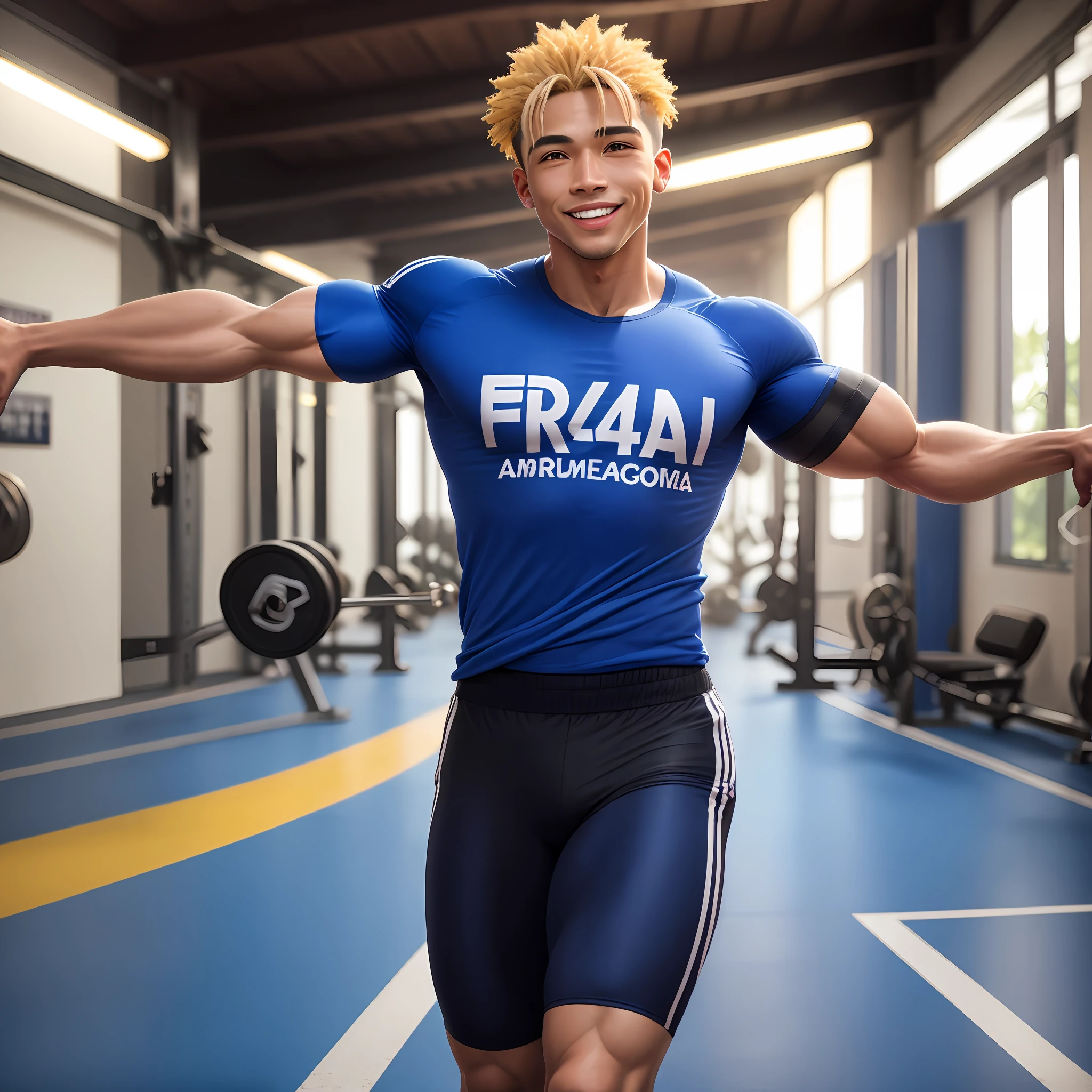 gostaria de uma imagem em 4k de um homem de mais ou menos 40 anos ,portanto,portanto,africano, forte, musculoso,Bodybillder,muito forte de pele negra ,com cabelo curto estilo militar na cor castanho escuro, estilo atleta, azul Royal, de frente para uma academia , com as luzes da academia azul em um ambiente bem iluminado, standing dressed in a blue Royal gym T-shirt, sorrindo, bem-estar, corpo inteiro
