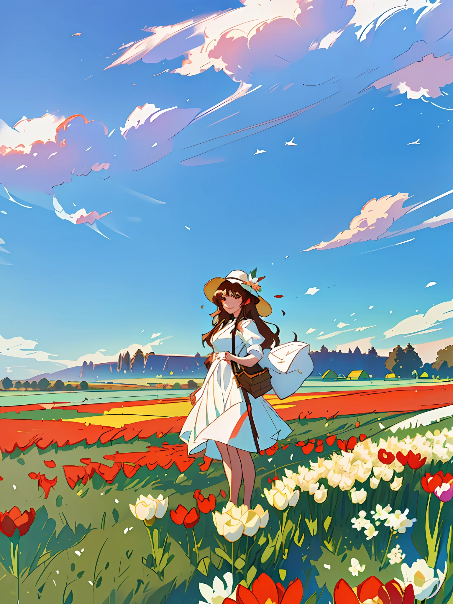 there is a pretty chinese woman standing in a field of tulips with a sun hat on and wearing white halter dress, long wavy brown hair, wearing sunglasses, tall and slim, beautiful, subtle smile, standing in tulips field, standing in a flower field, woman standing in tulips field, girl standing in a flower field, standing in a field with flowers, girl in a flower field, with flower fields as foreground, in a field of flowers, flower fields, girl standing in flower field